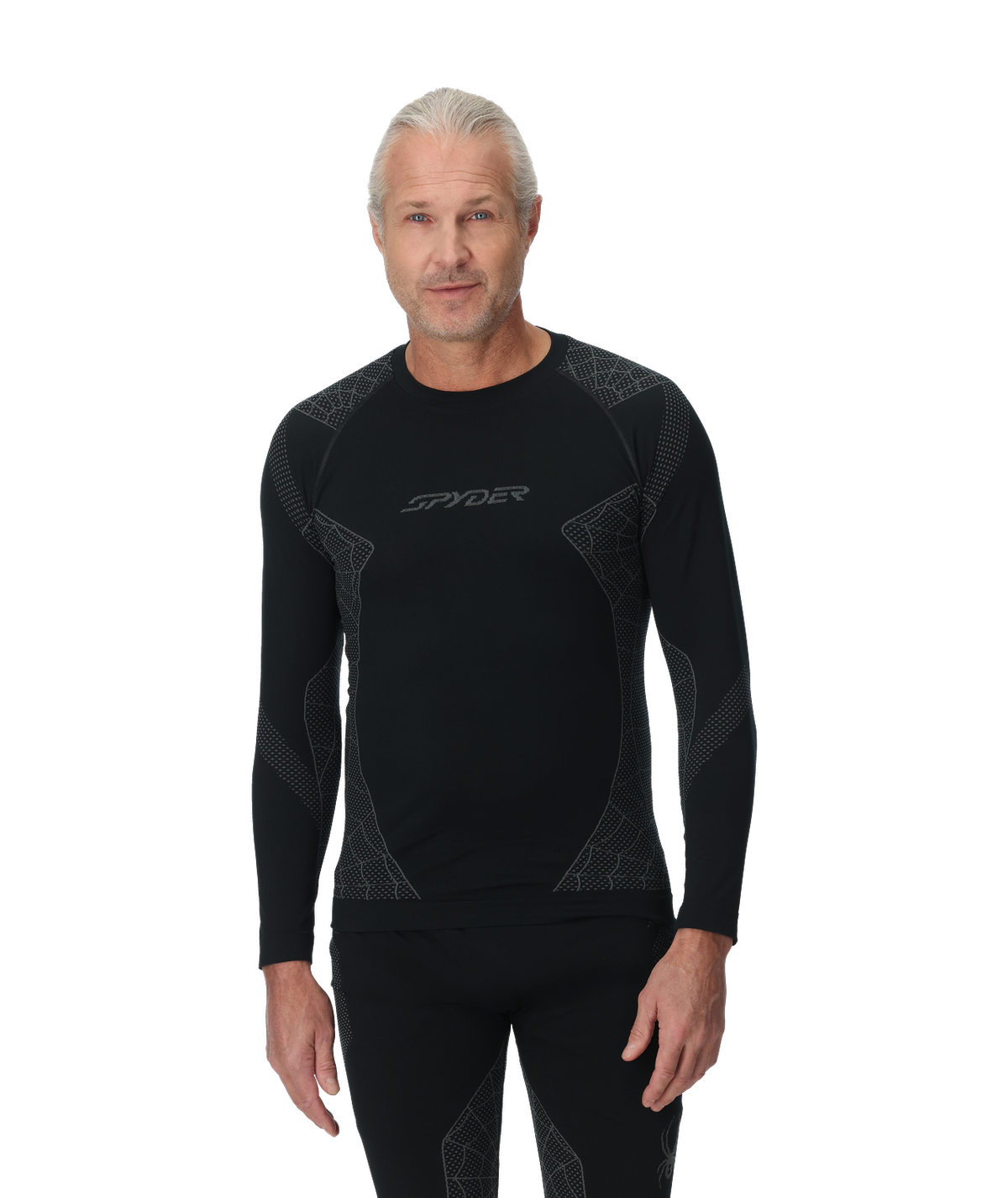 Man wearing a black Spyder compression shirt on a white background
