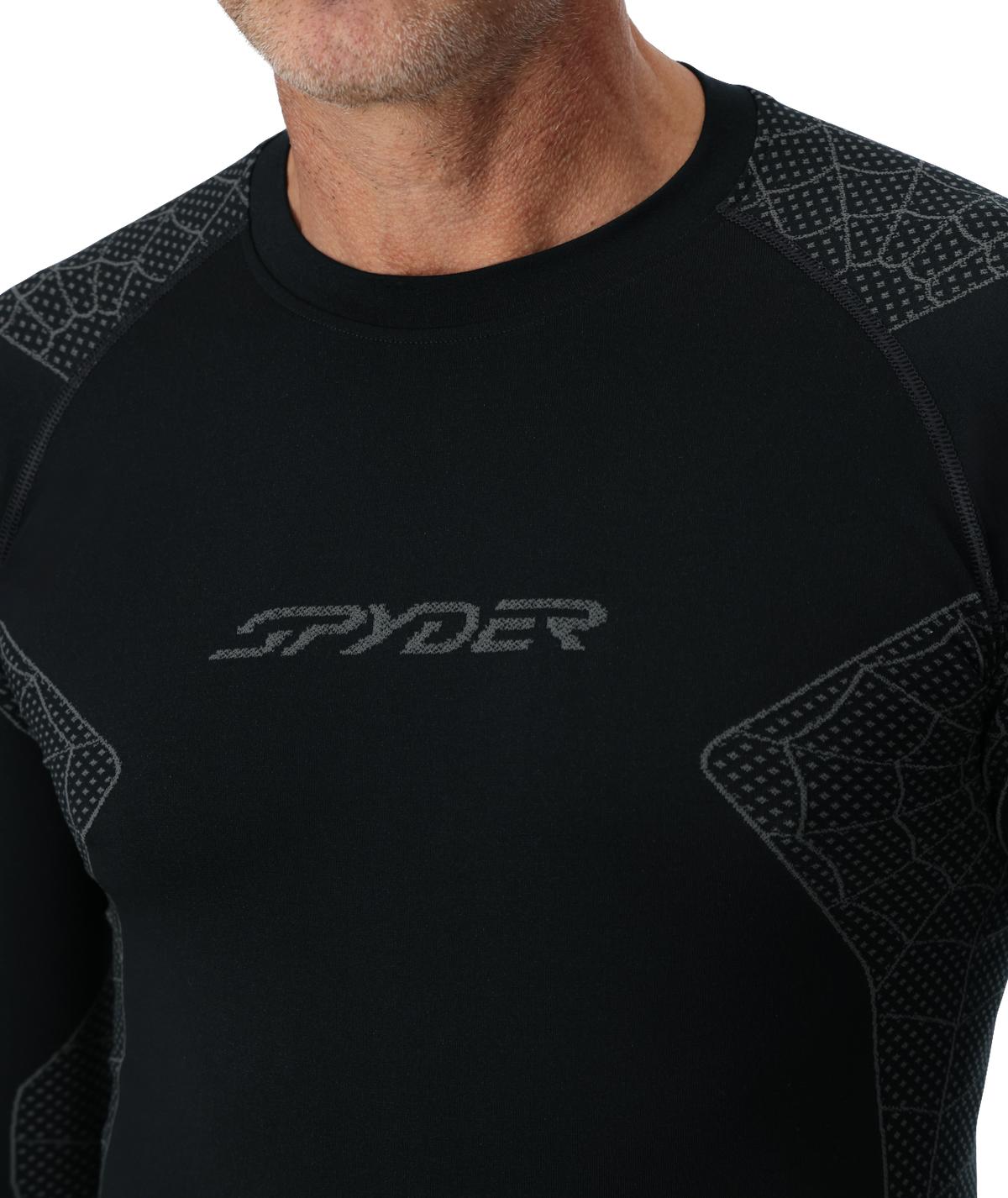 Black compression shirt with Spyder logo on a white background