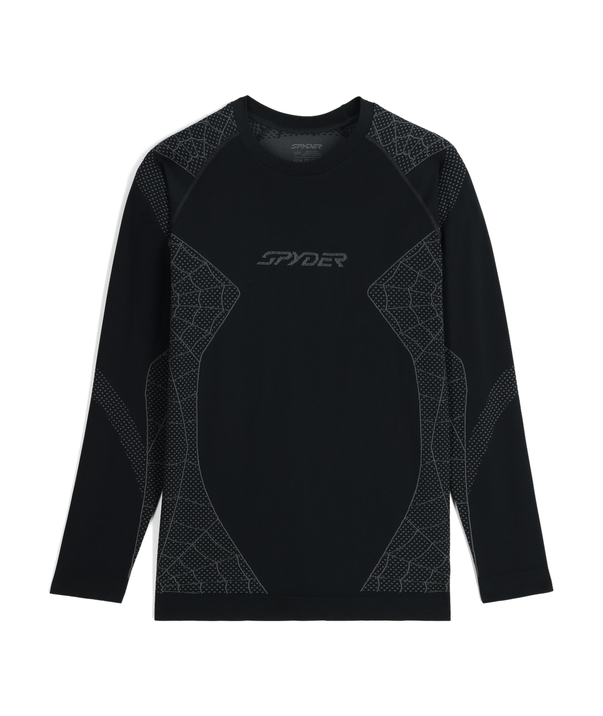 Black long-sleeve compression shirt with geometric patterns on a white background
