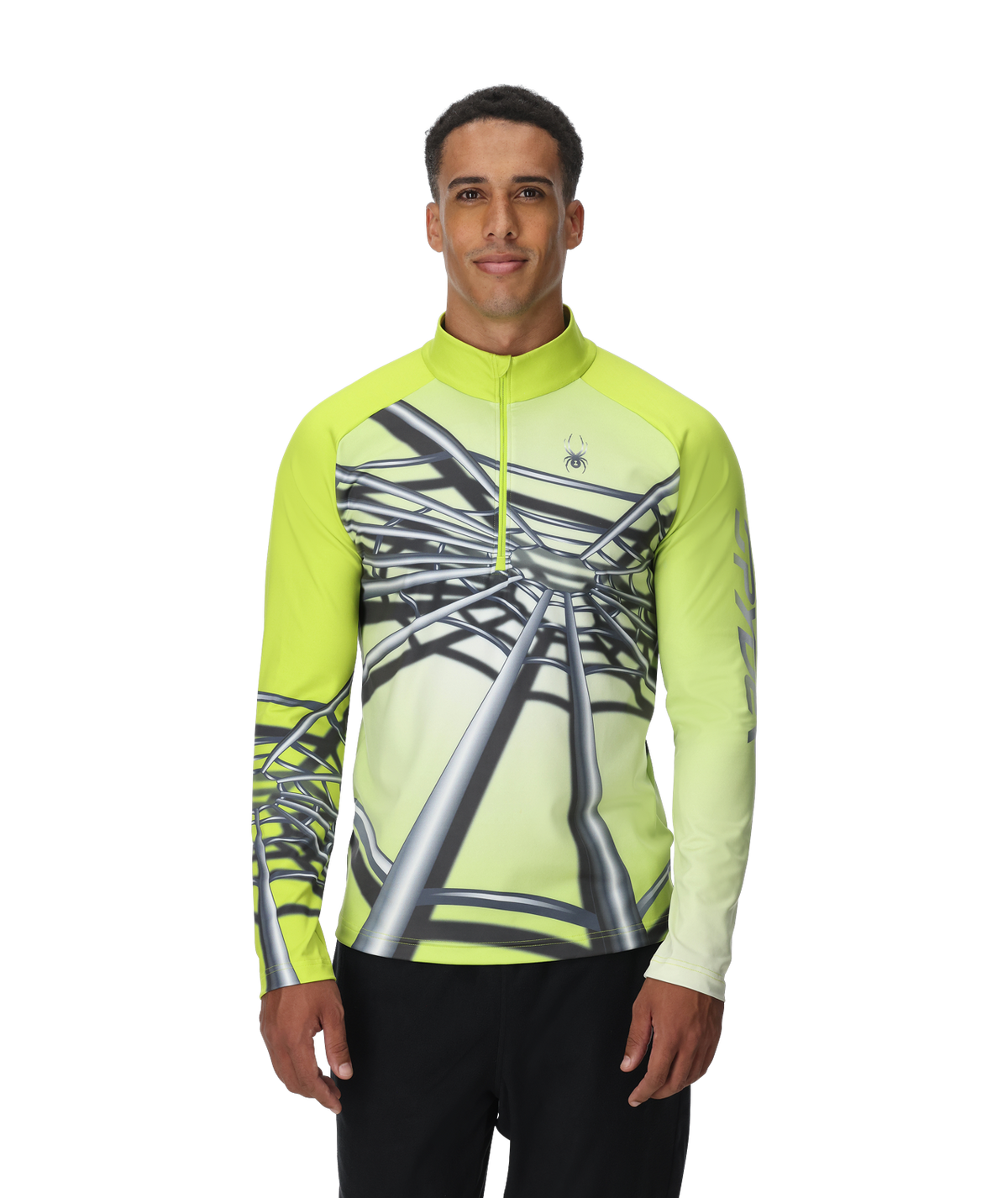 Man wearing a bright green cycling jersey with black and white design on a white background