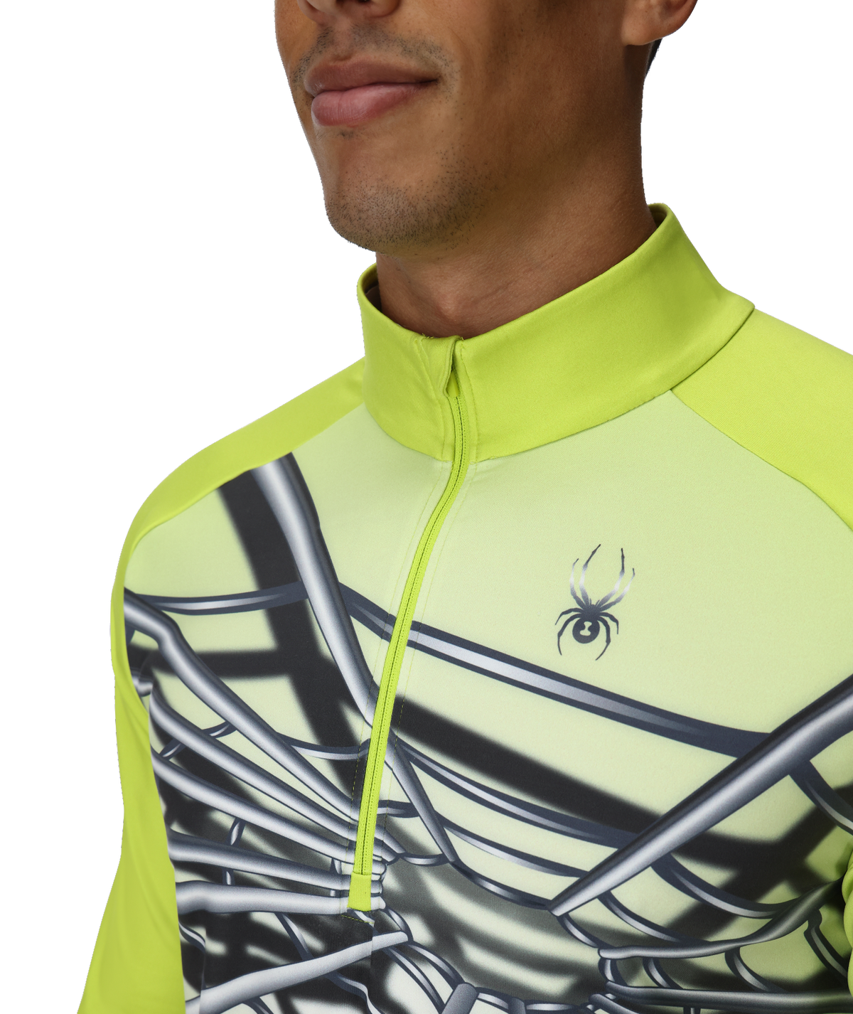 Close-up of a person wearing a bright green athletic jacket with a spider logo.