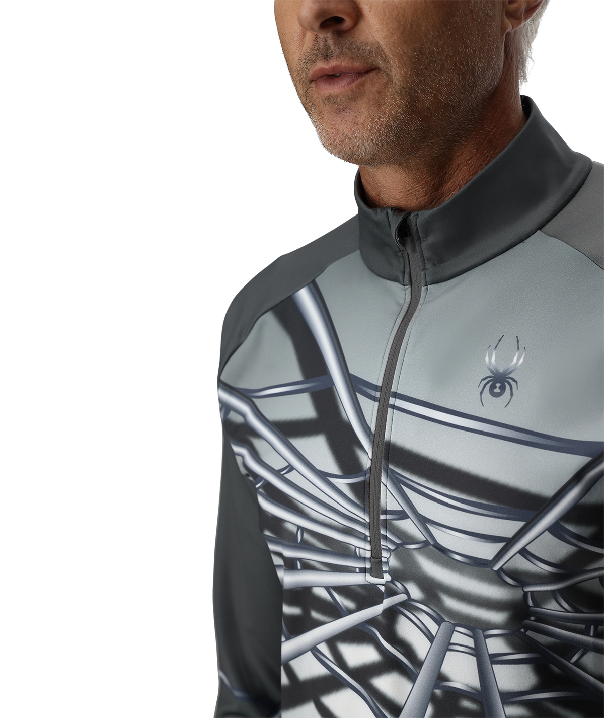 Close-up of a person wearing a gray and black cycling jersey with a spider web design on a white background.