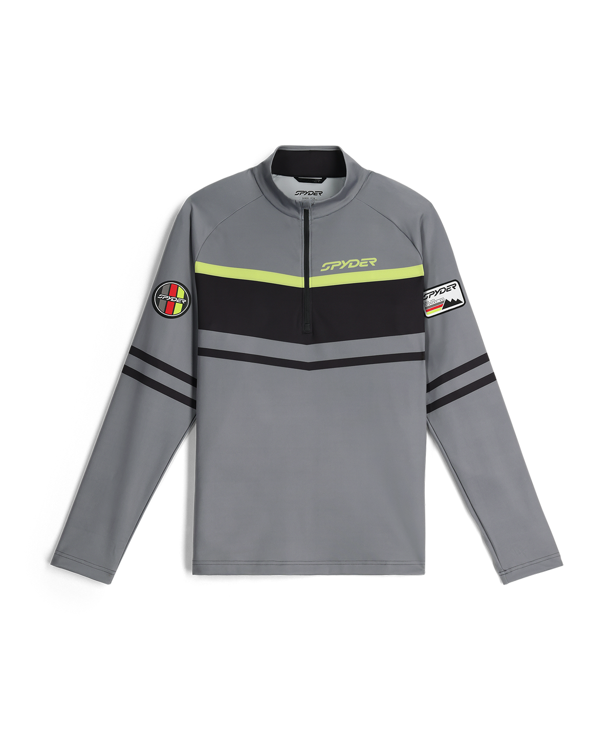 Gray long-sleeve shirt with black and yellow accents on a white background