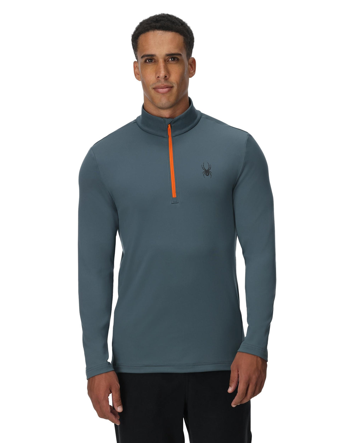 Man wearing a gray long-sleeve shirt with an orange zipper on a white background