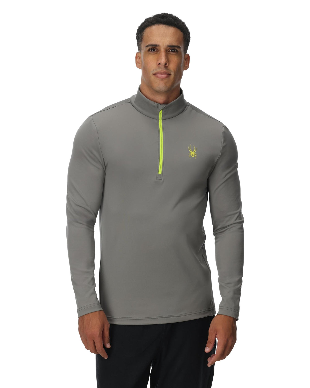 Man wearing a gray long-sleeve shirt with a yellow zipper and logo on a white background