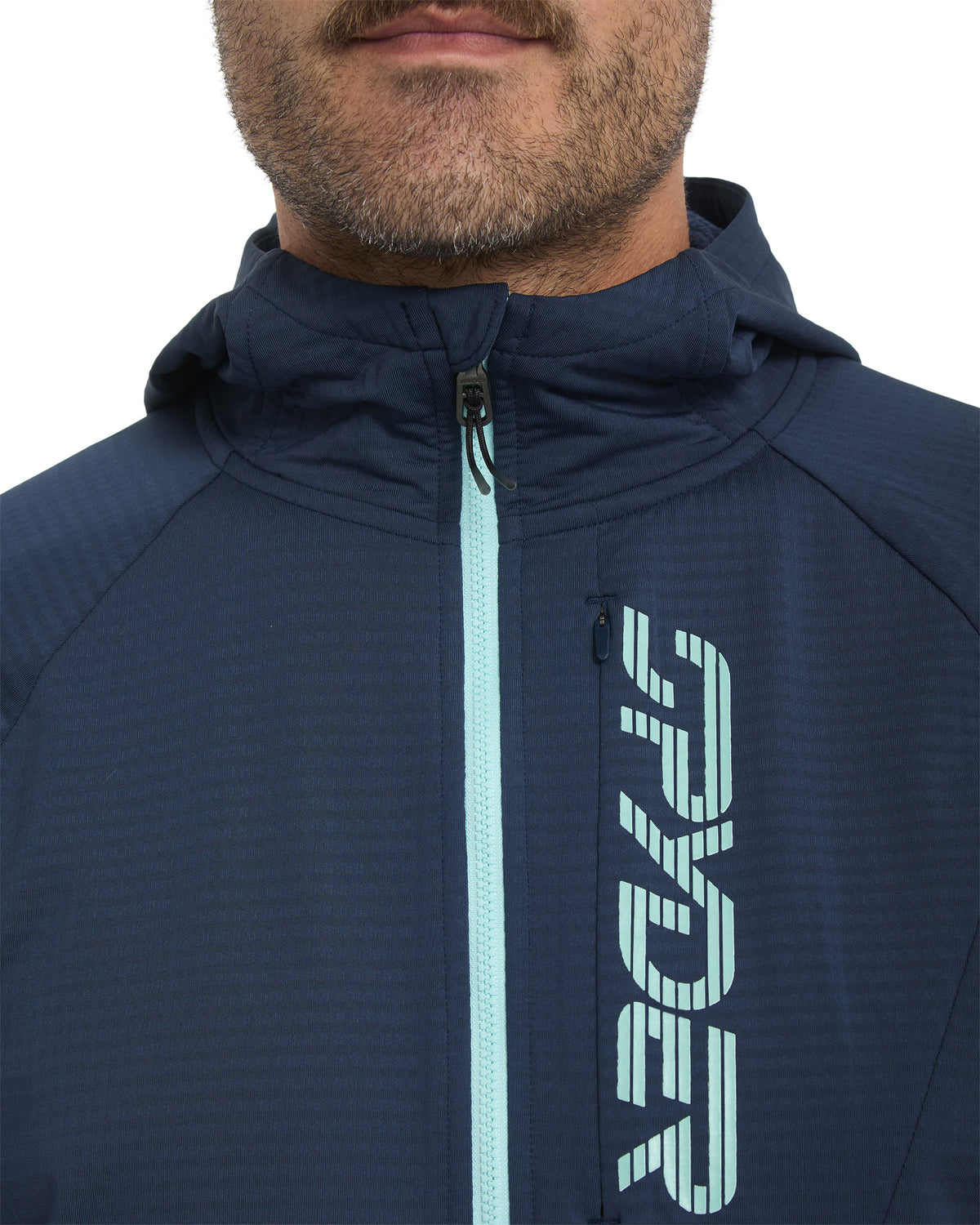 Navy blue jacket with a brand logo on a white background