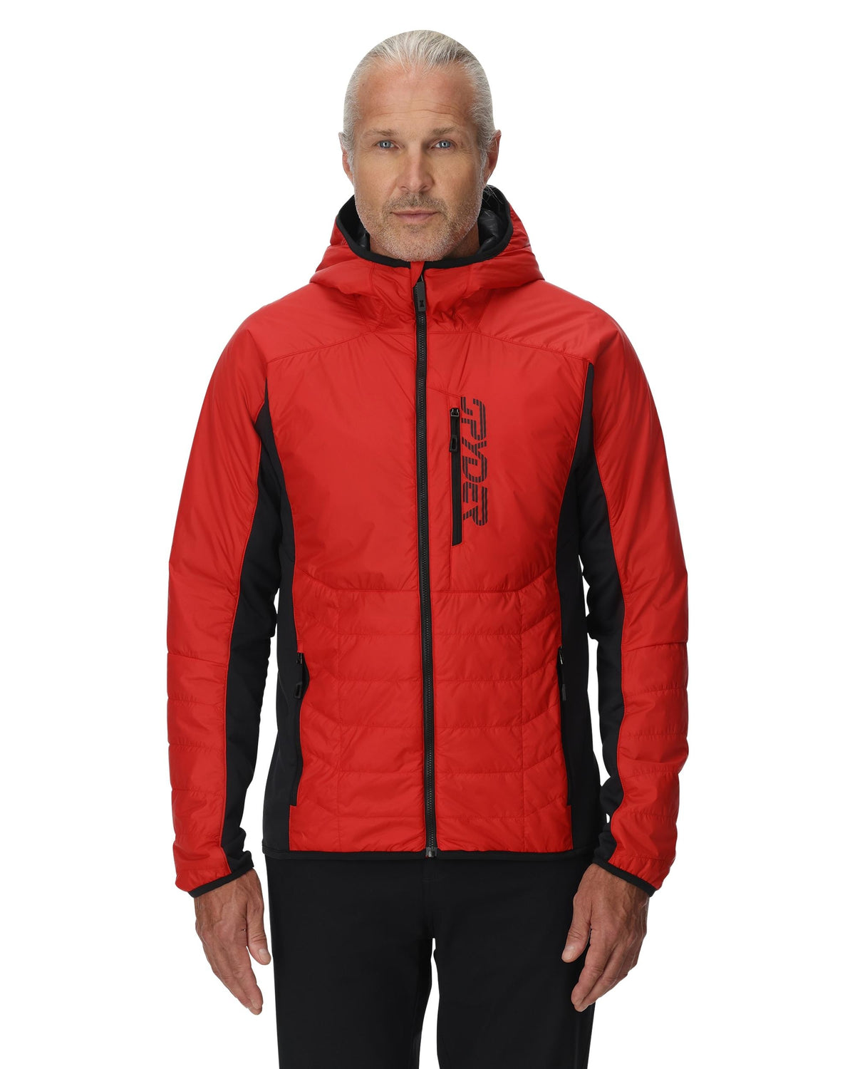 Man wearing a red and black jacket with a brand logo on a white background