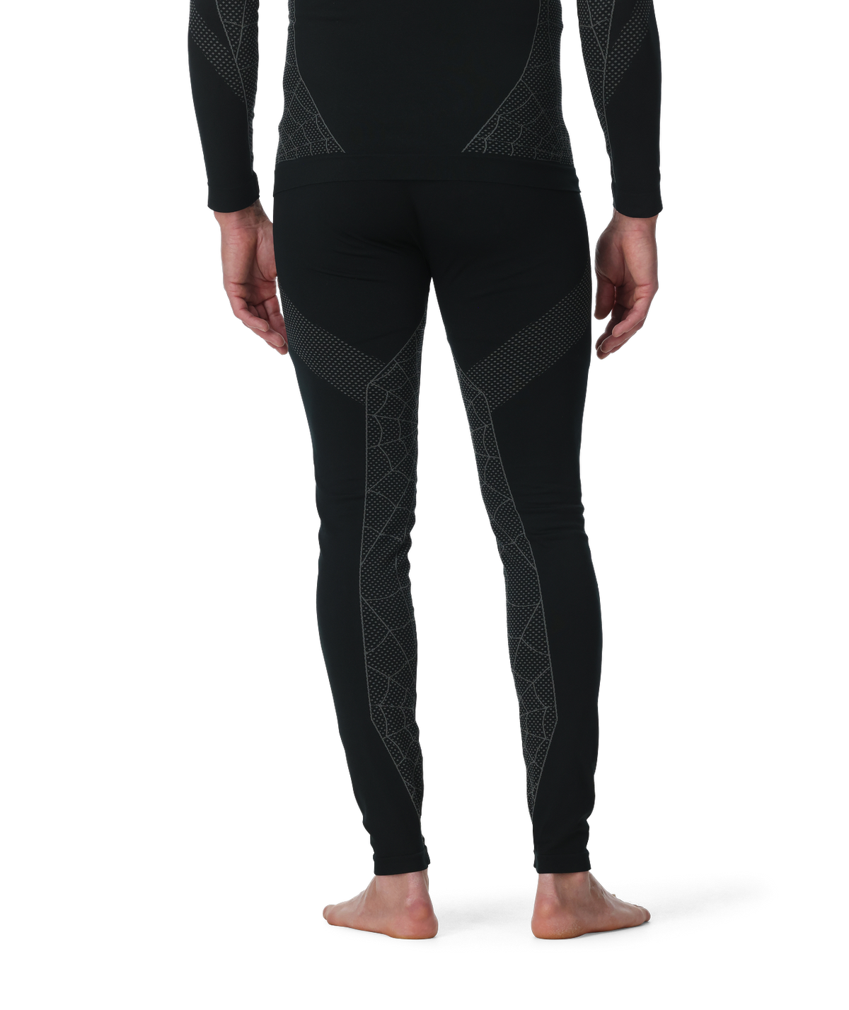 Black thermal leggings with geometric patterns on a white background