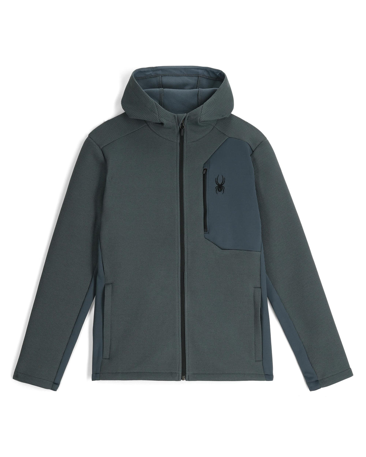 Gray hoodie with a spider logo on a white background
