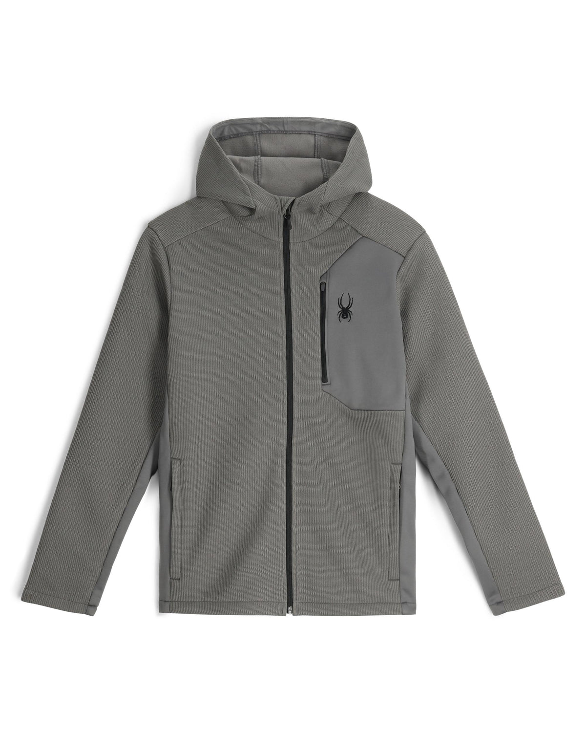 Gray hoodie with a spider logo on a white background