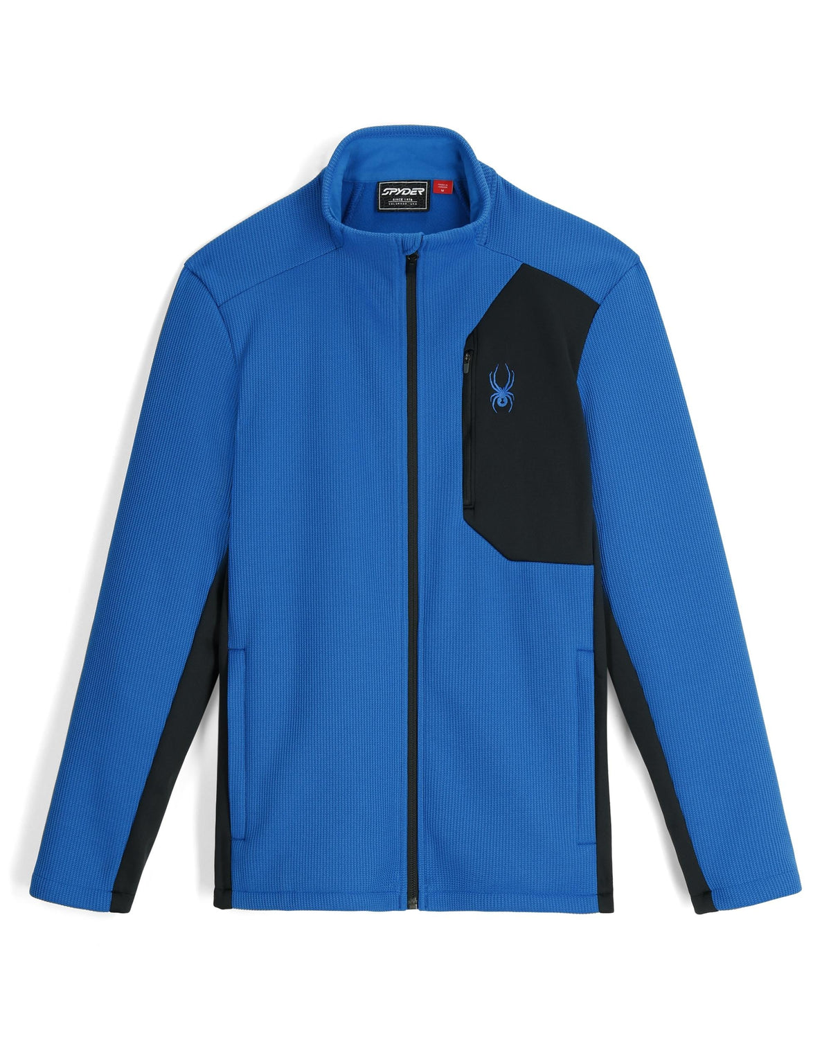 Blue jacket with black accents on a white background