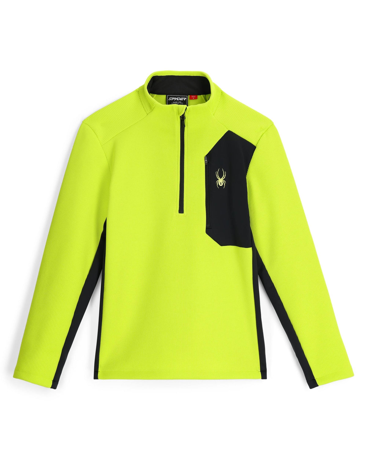Bright yellow long-sleeve shirt with black accents on a white background