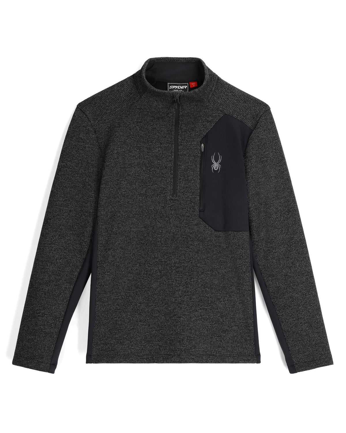 Gray long-sleeve shirt with a black pocket on a white background