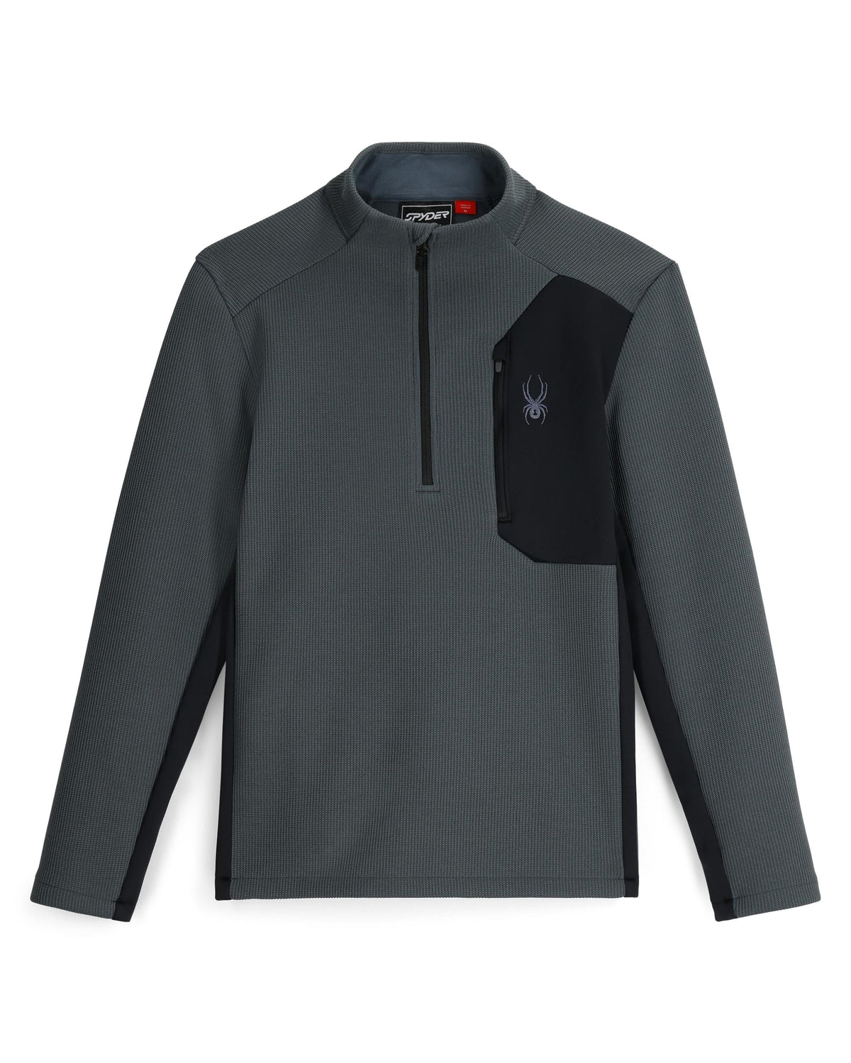 Gray long-sleeve shirt with black pocket and logo on a white background