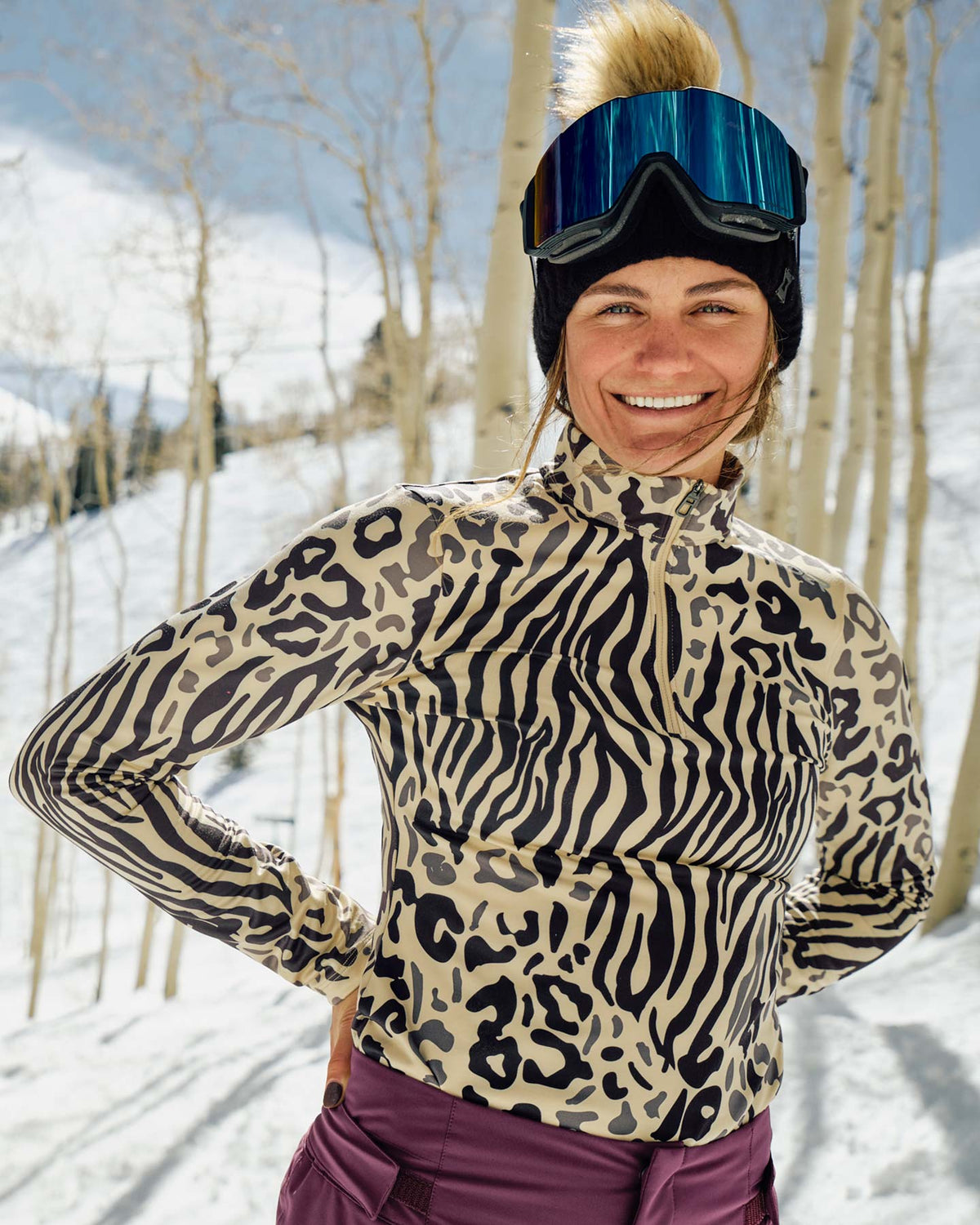 Women's Vivid Half Zip T-Neck - Animal Print