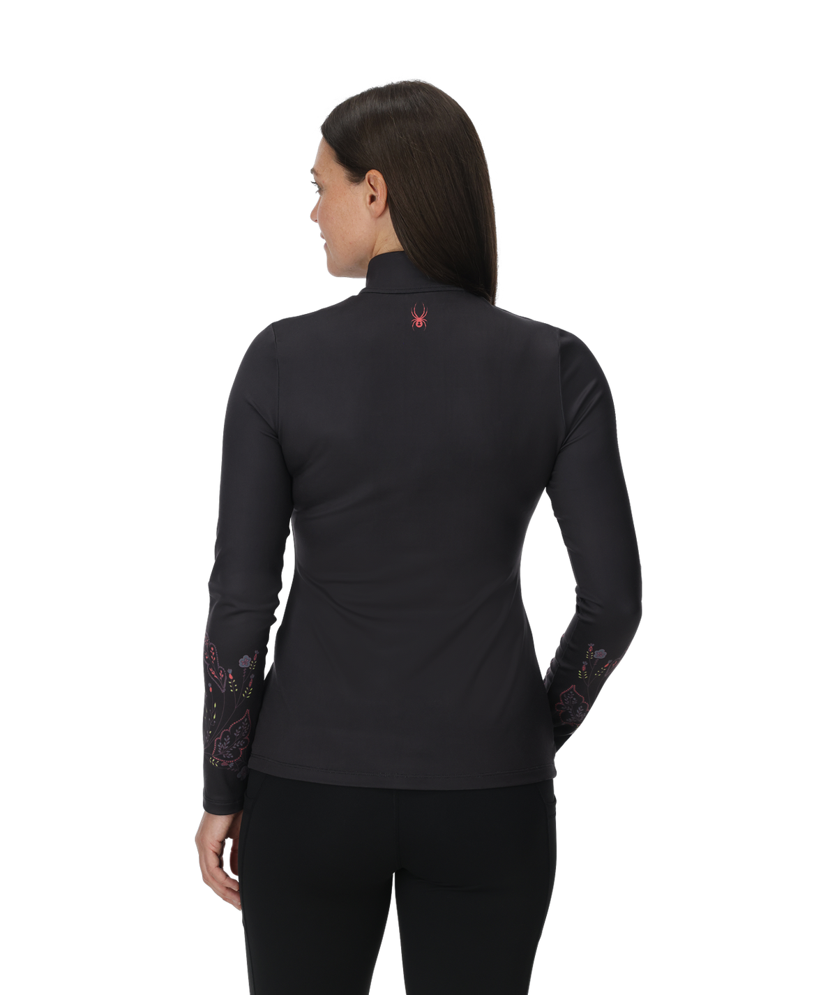 Person wearing a black long-sleeve top with a logo on the back against a white background