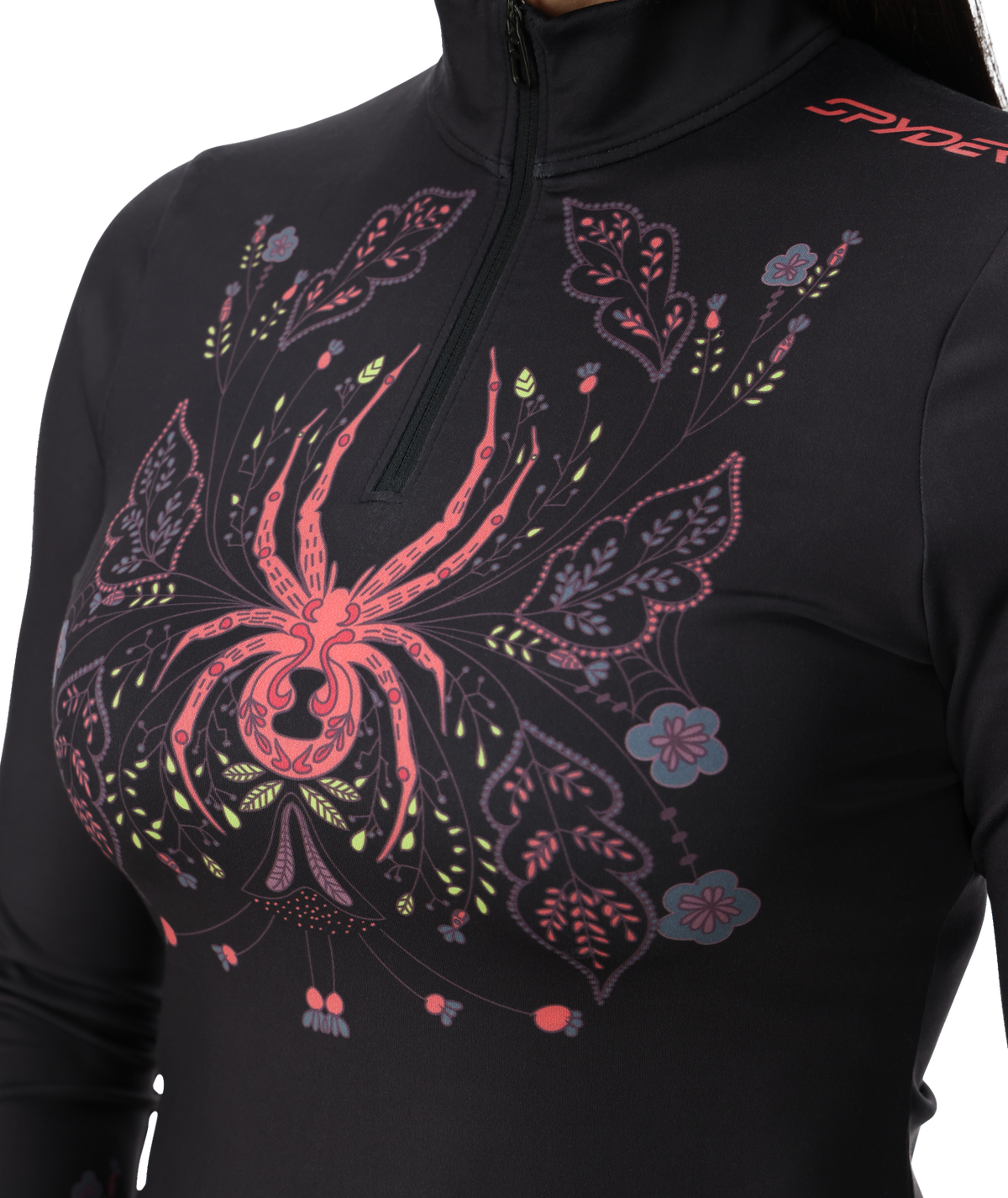 Black hoodie with colorful spider design and 'Spyder' branding on a white background