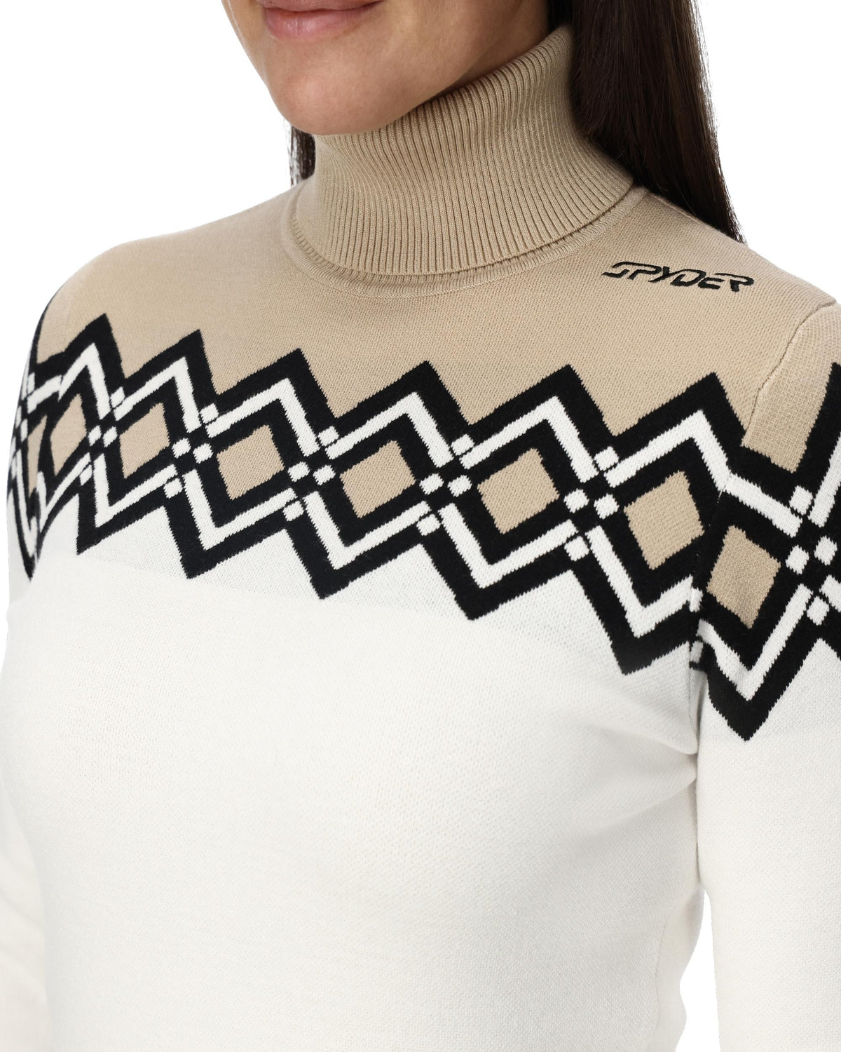 Beige sweater with geometric pattern and Spider logo on a white background