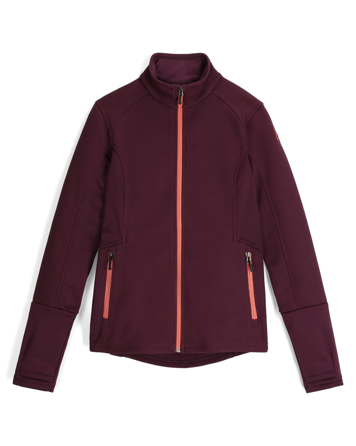 Maroon jacket with orange zipper on a white background
