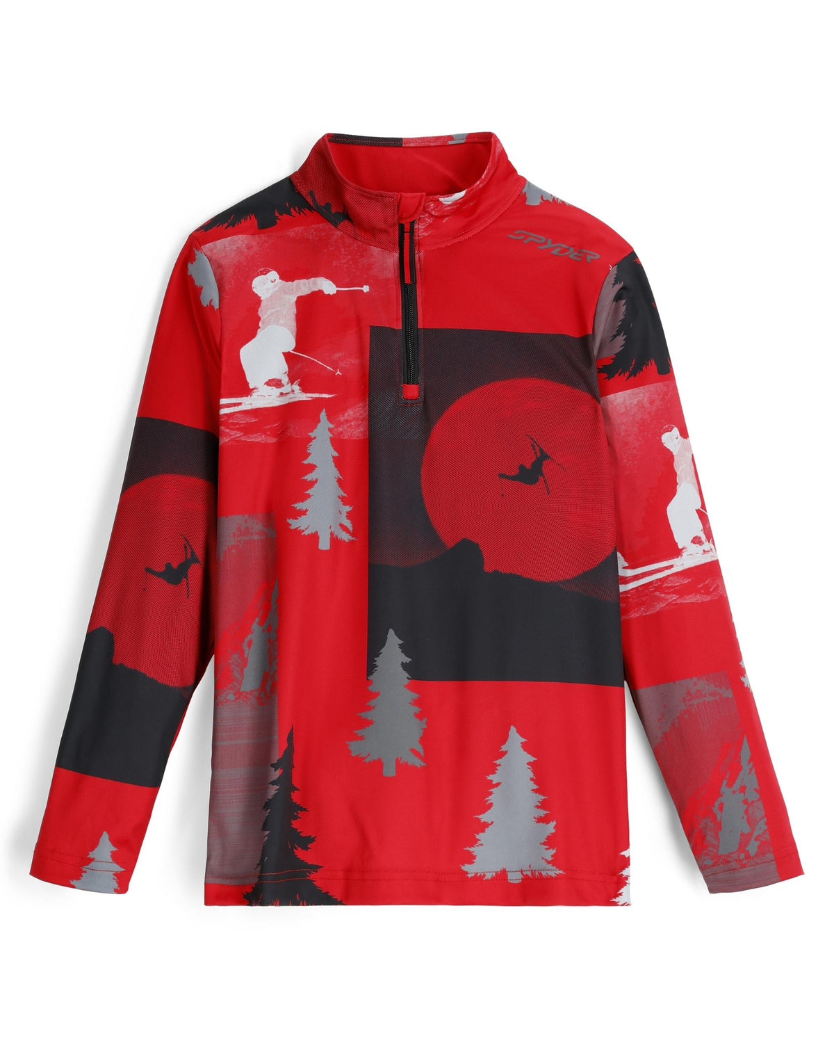 Red long-sleeve shirt with black and gray graphic designs on a white background