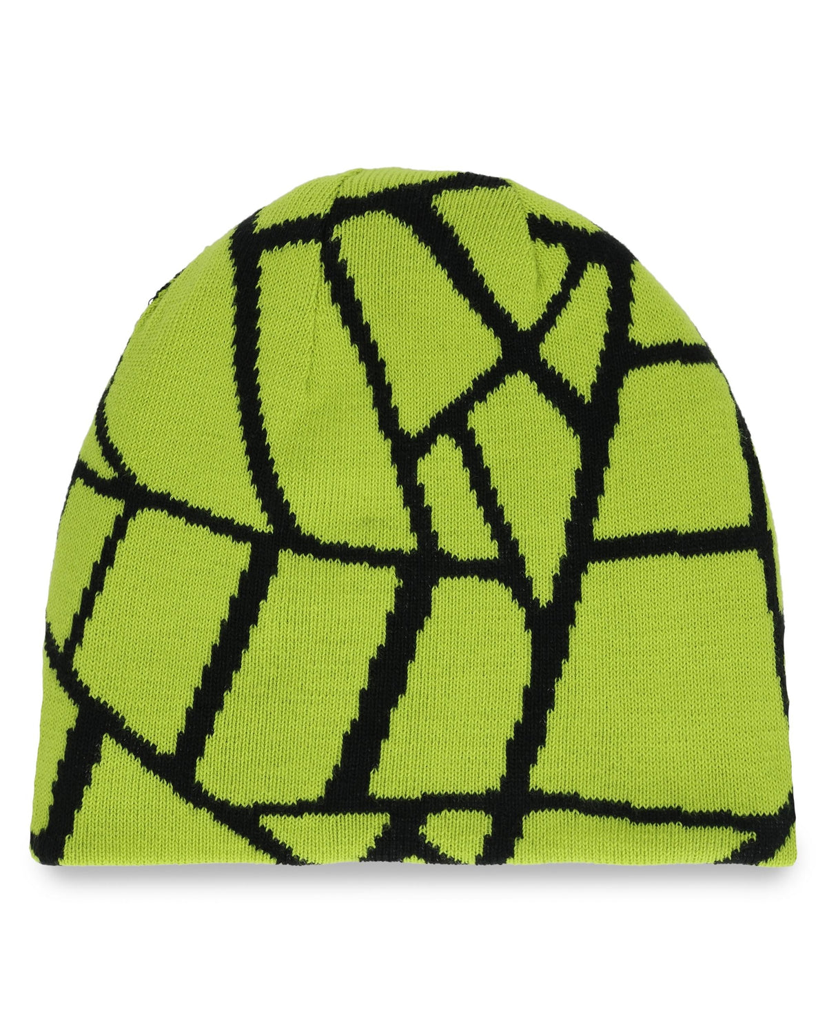 Green beanie with black abstract pattern on a white background