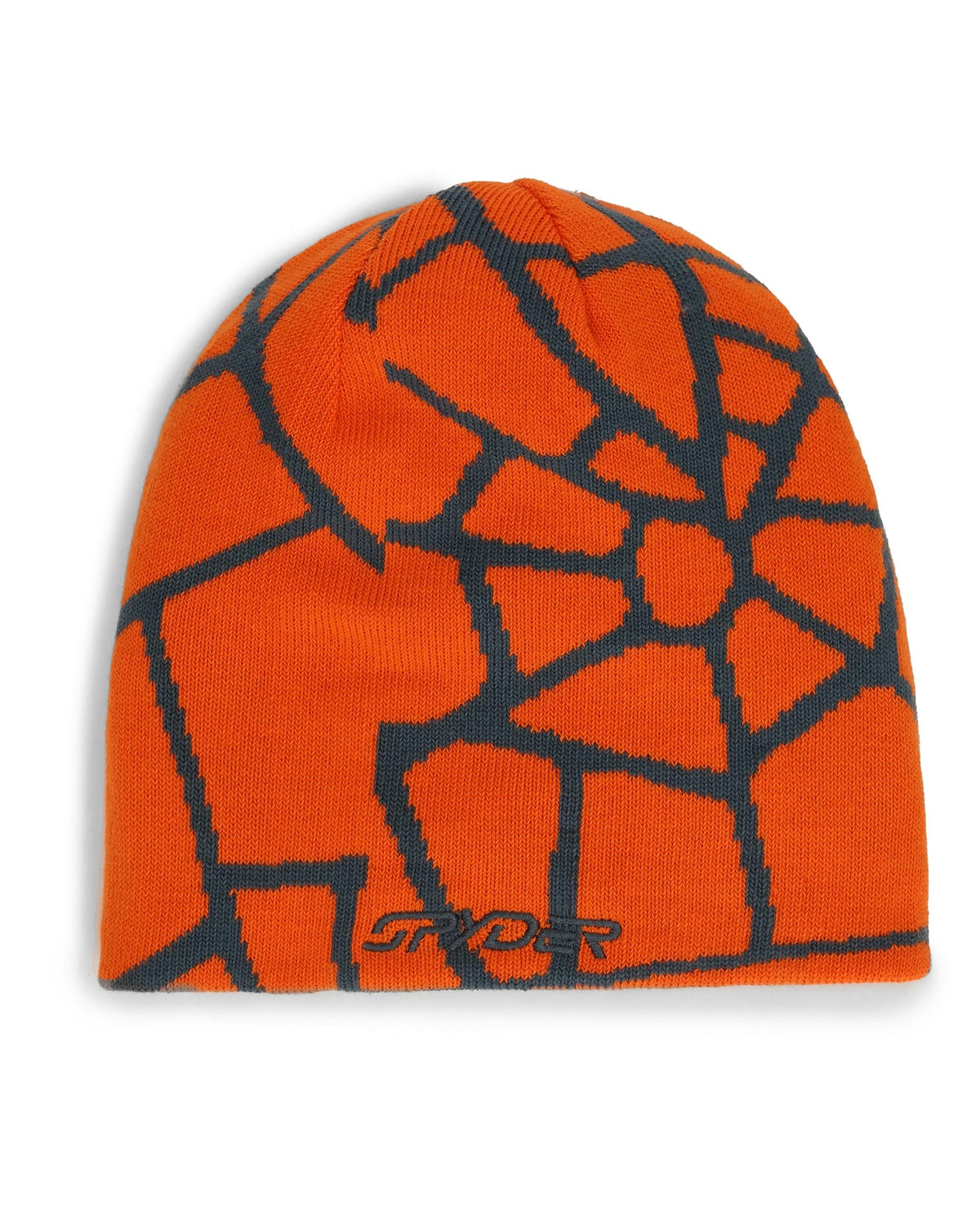 Orange beanie with black geometric pattern on a white background