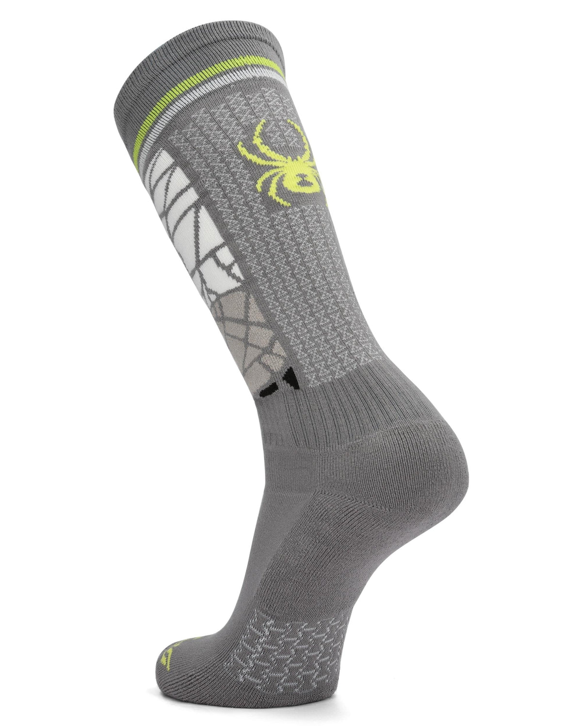 Gray sock with a spider logo on a white background