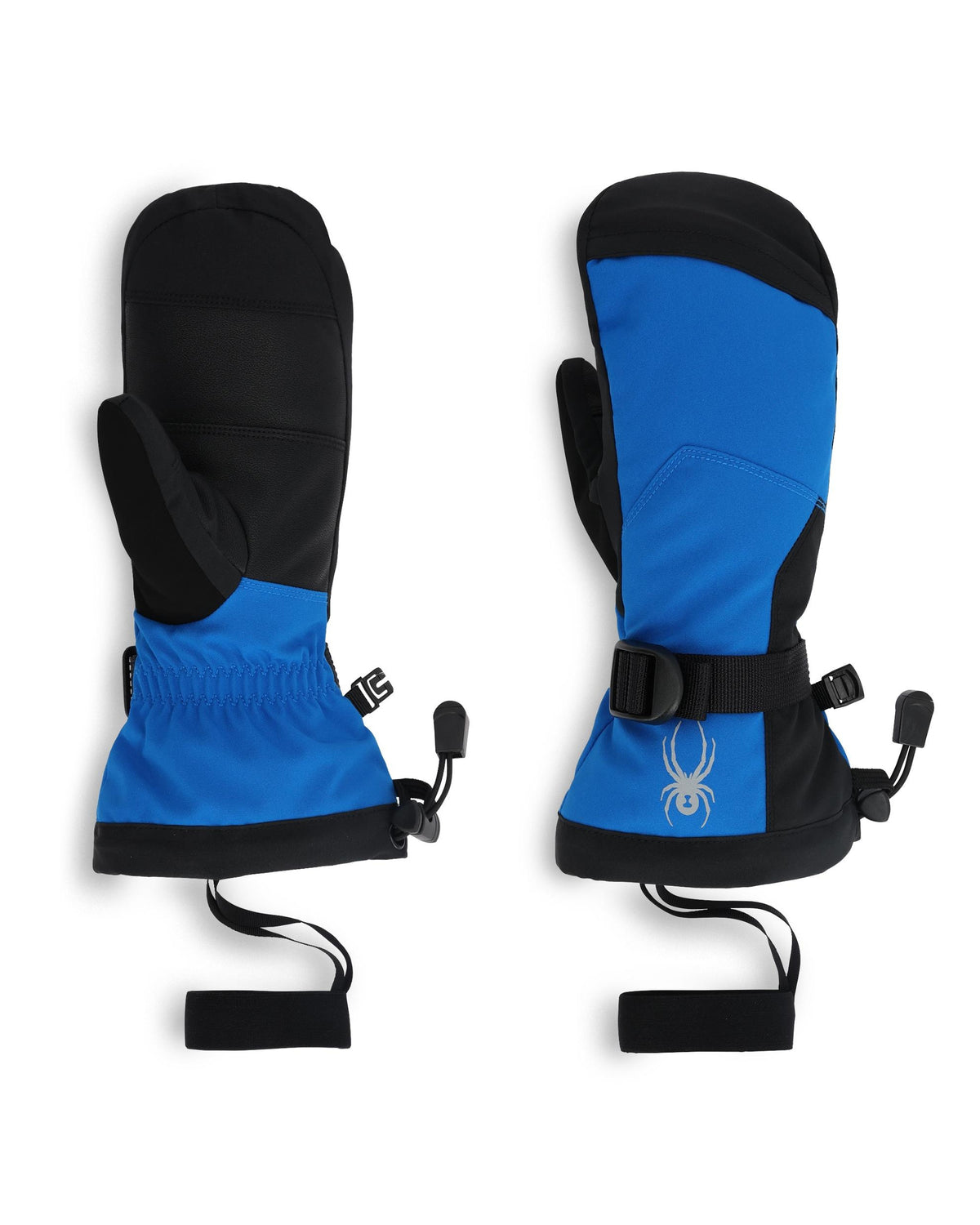 Pair of blue and black ski mittens on a white background