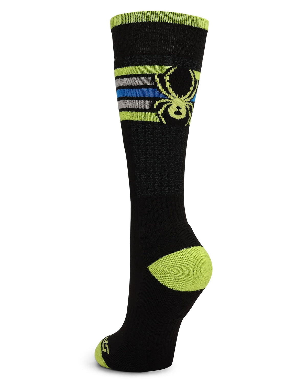 Black sock with green accents and a spider logo on a white background
