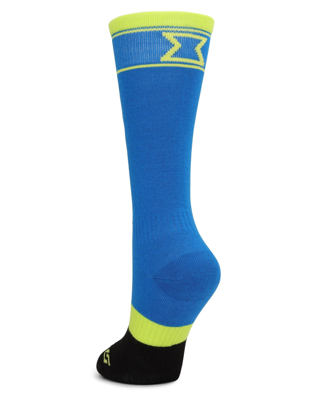 Blue sock with yellow accents on a white background
