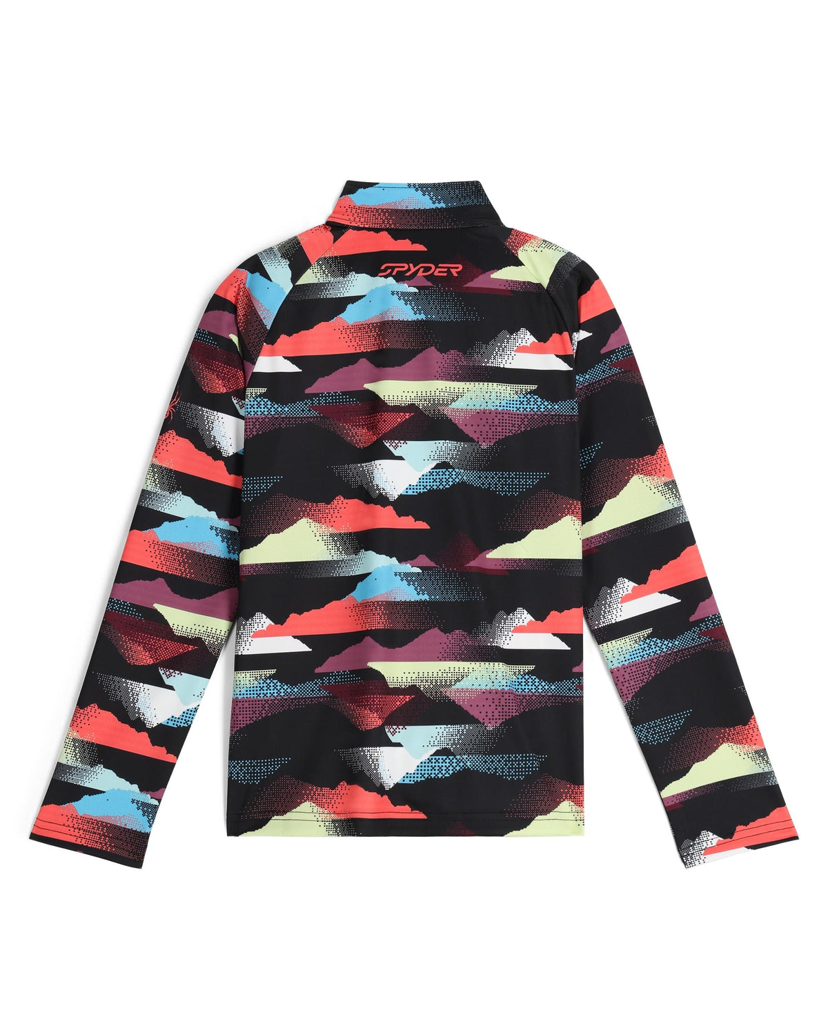 Colorful patterned long-sleeve shirt with Spyder logo on a white background