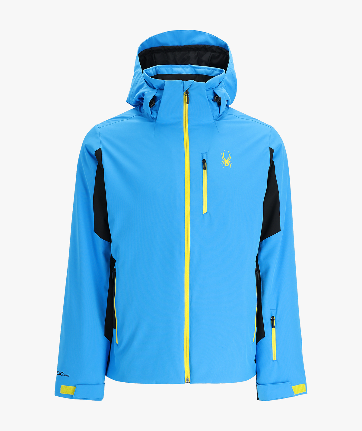 Blue jacket with yellow zipper and black accents on a white background