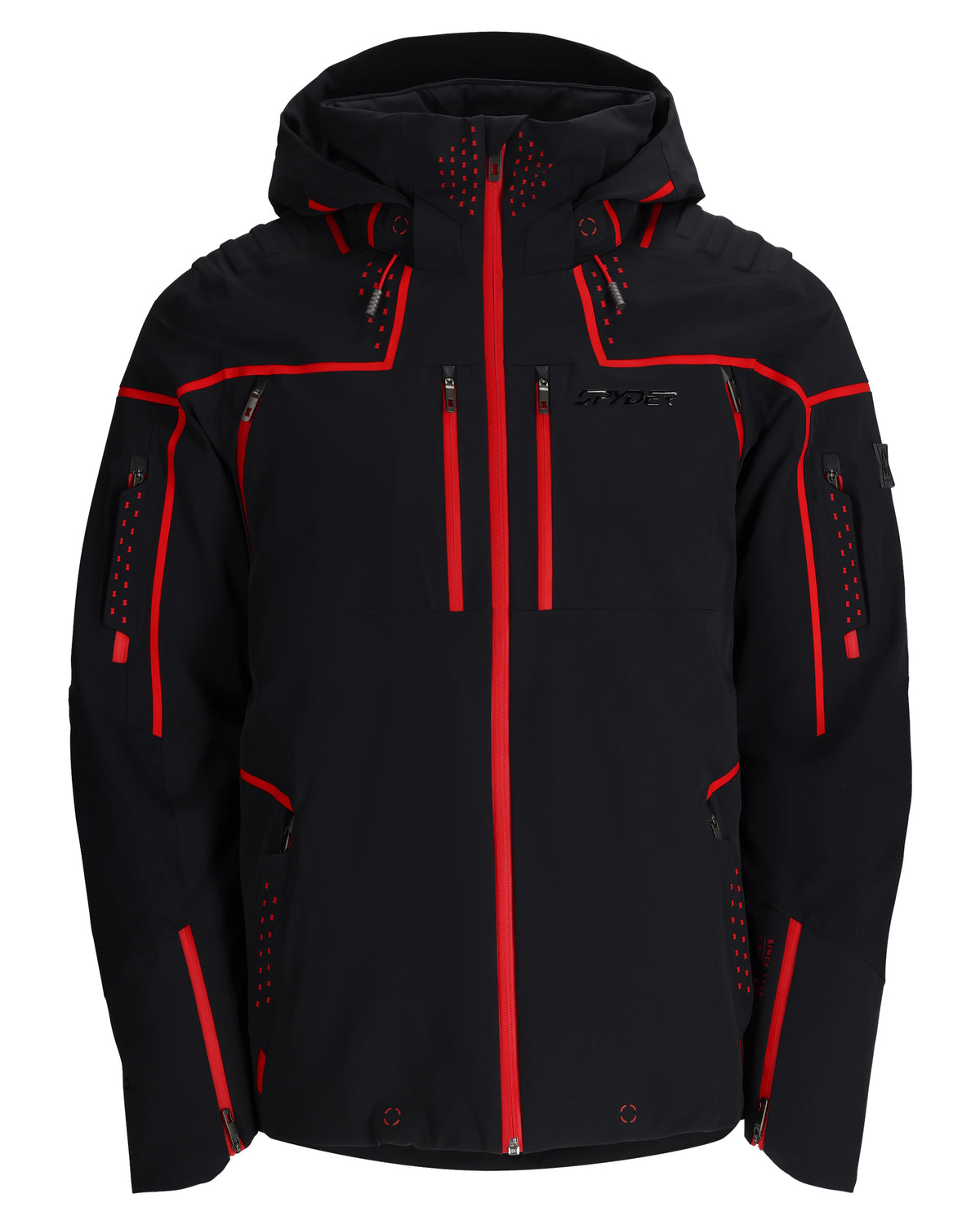 Black jacket with red accents on a white background
