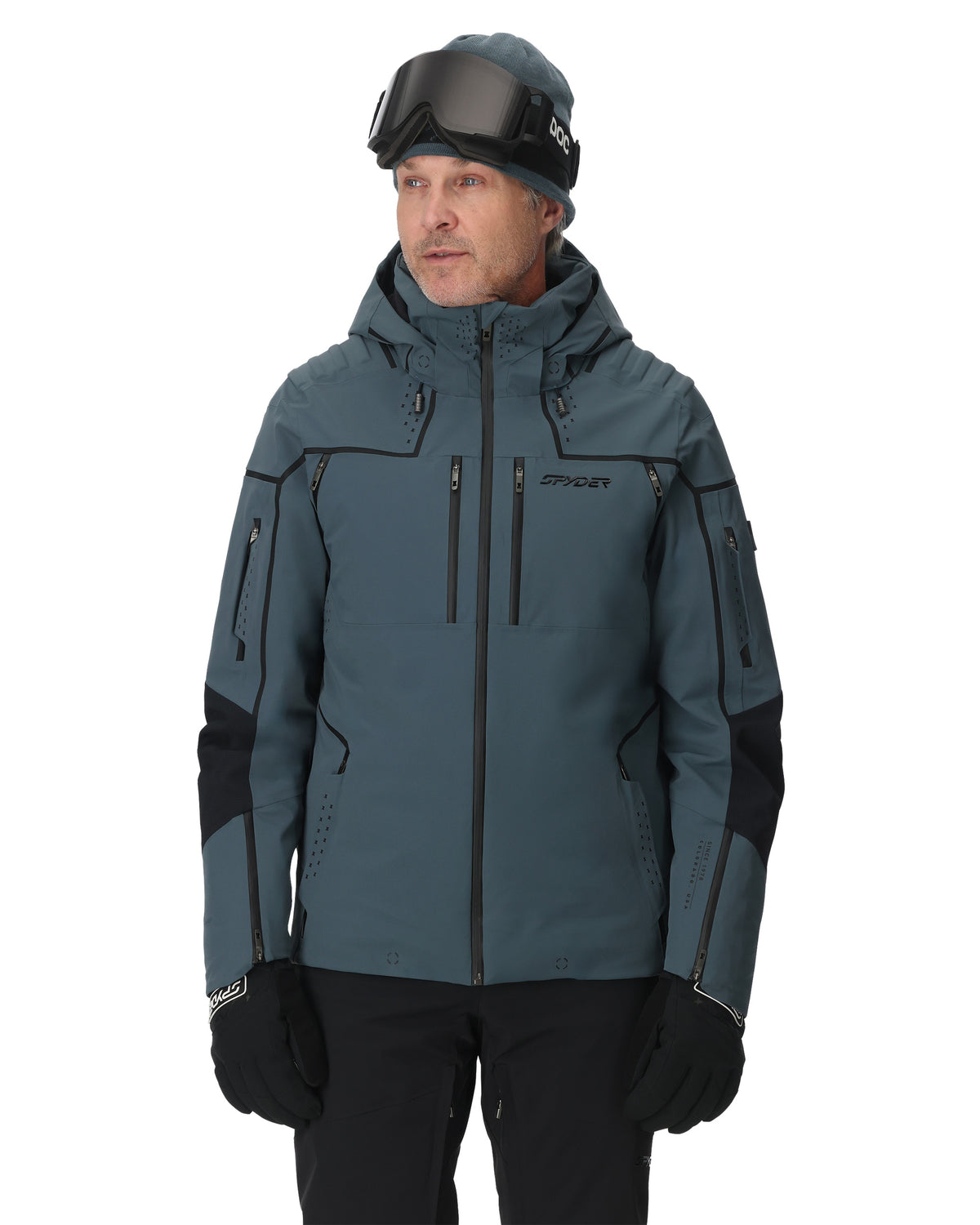 Man wearing a gray ski jacket with black accents on a white background
