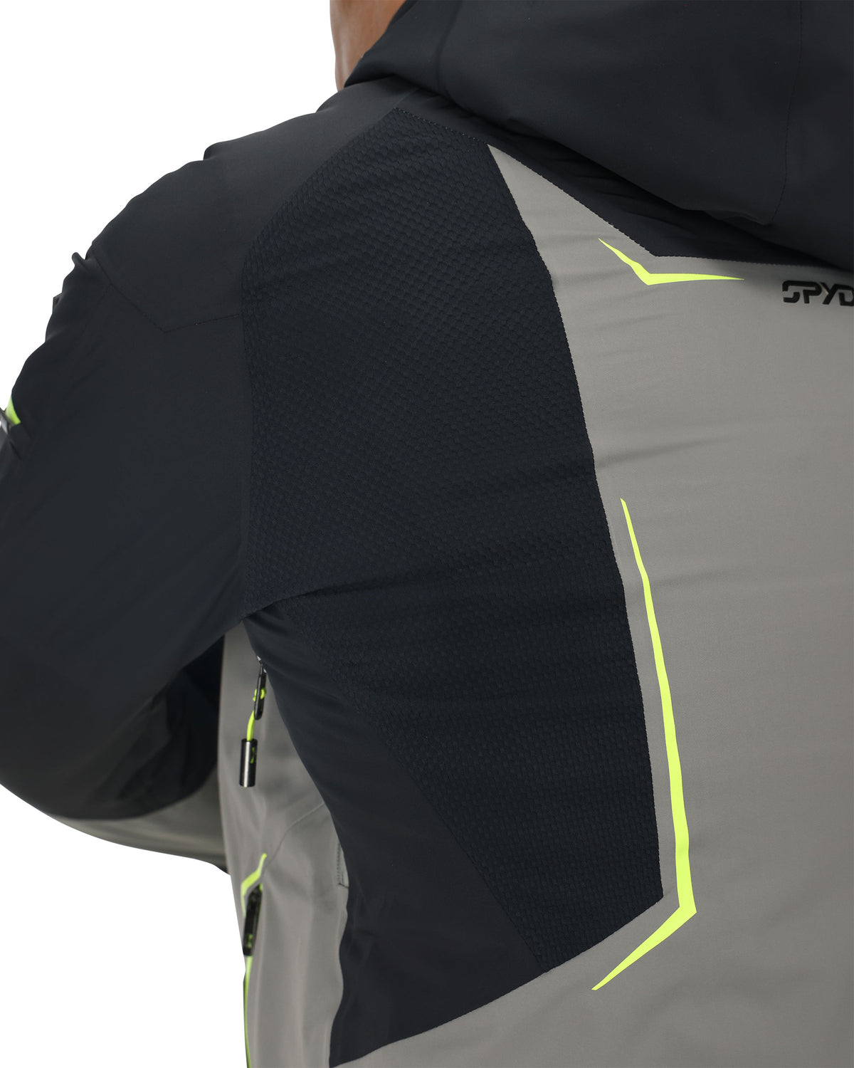 Close-up of a black and gray jacket with a brand logo on a white background