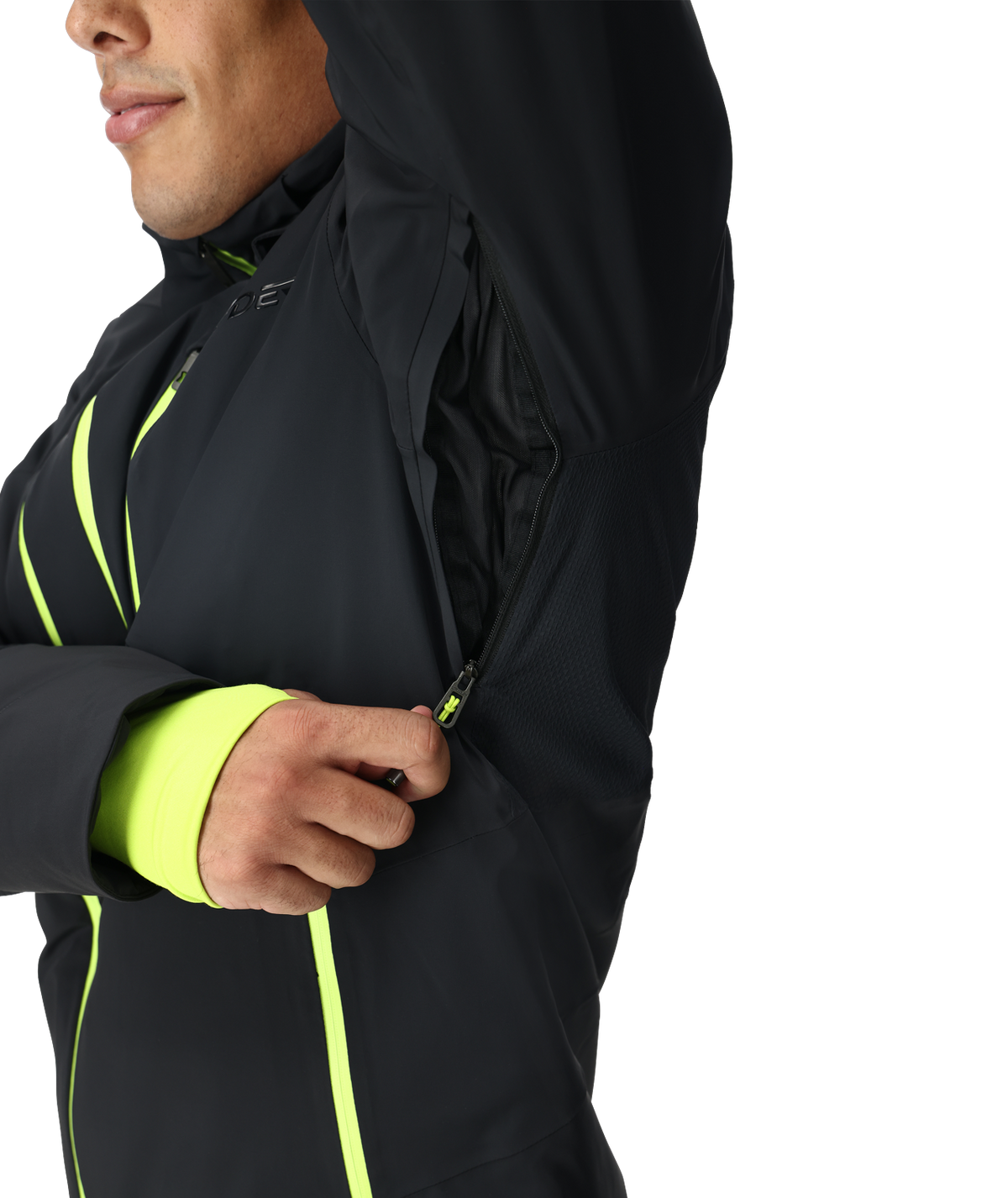 Black jacket with neon green accents on a white background