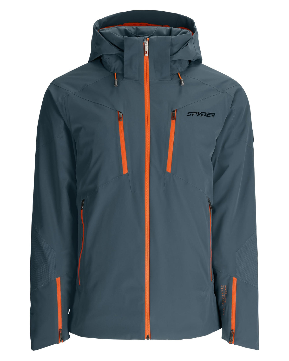 Gray jacket with orange zippers on a white background