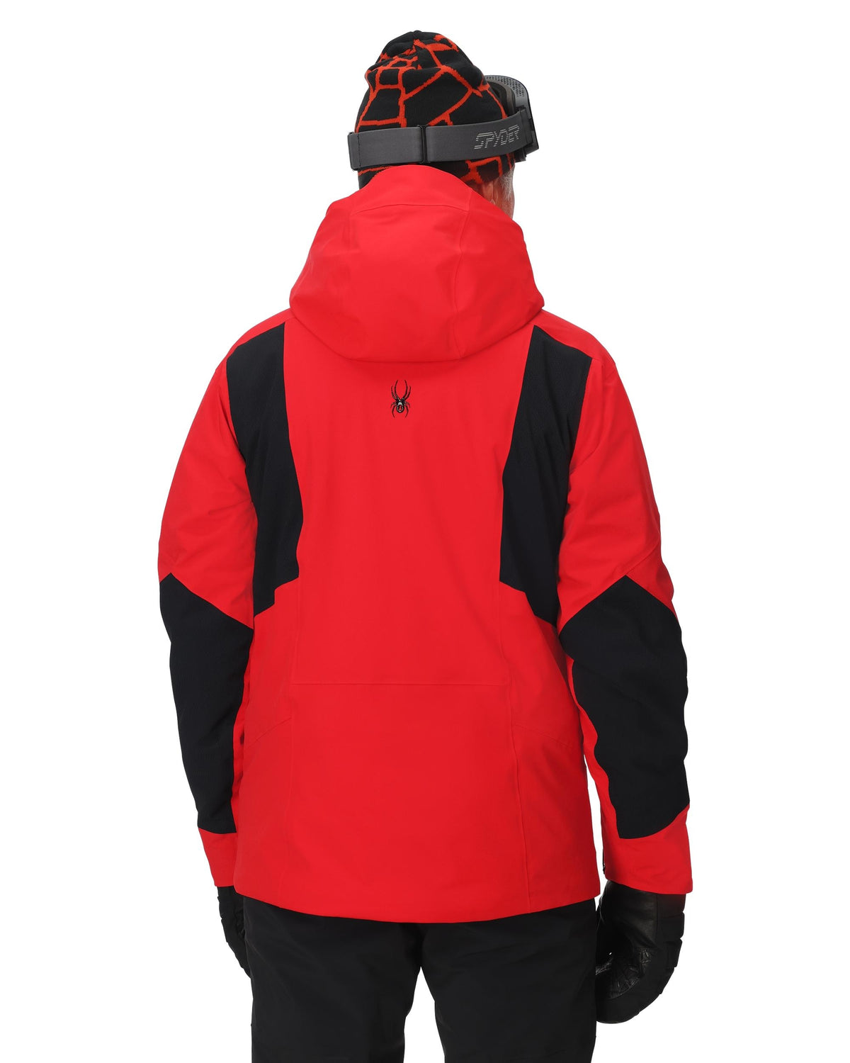 Person wearing a red and black jacket with a hood on a white background