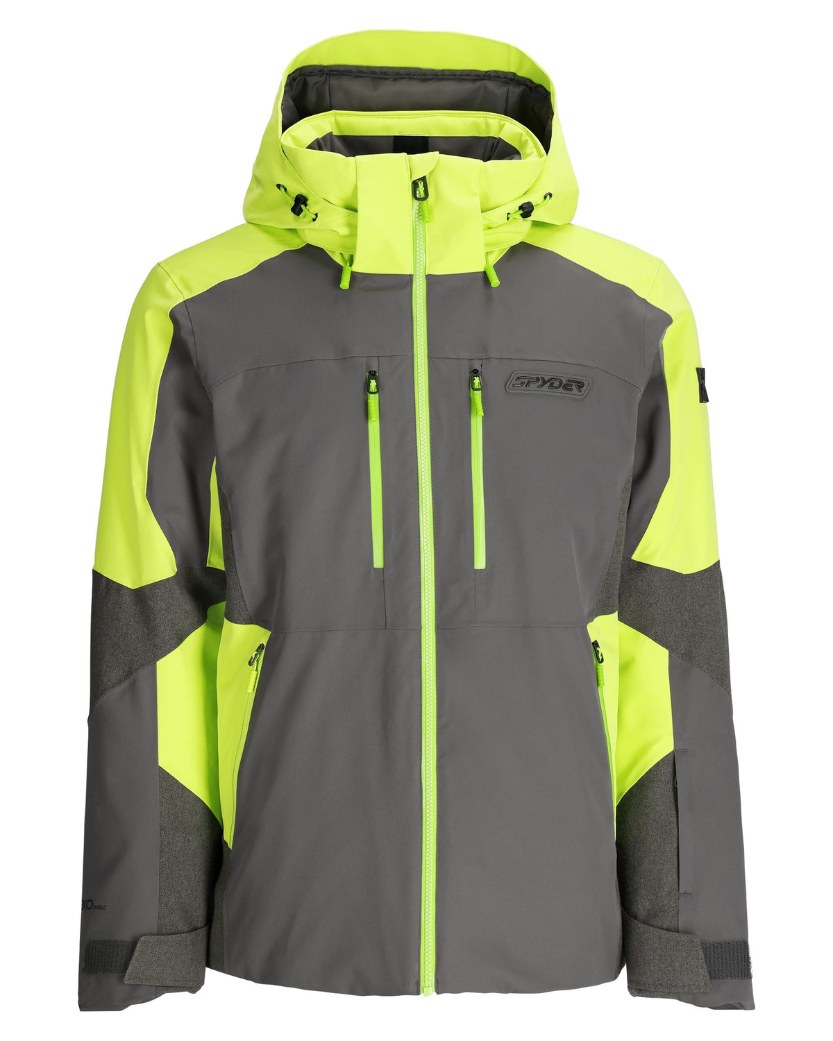 Gray and green jacket with a brand logo on a white background
