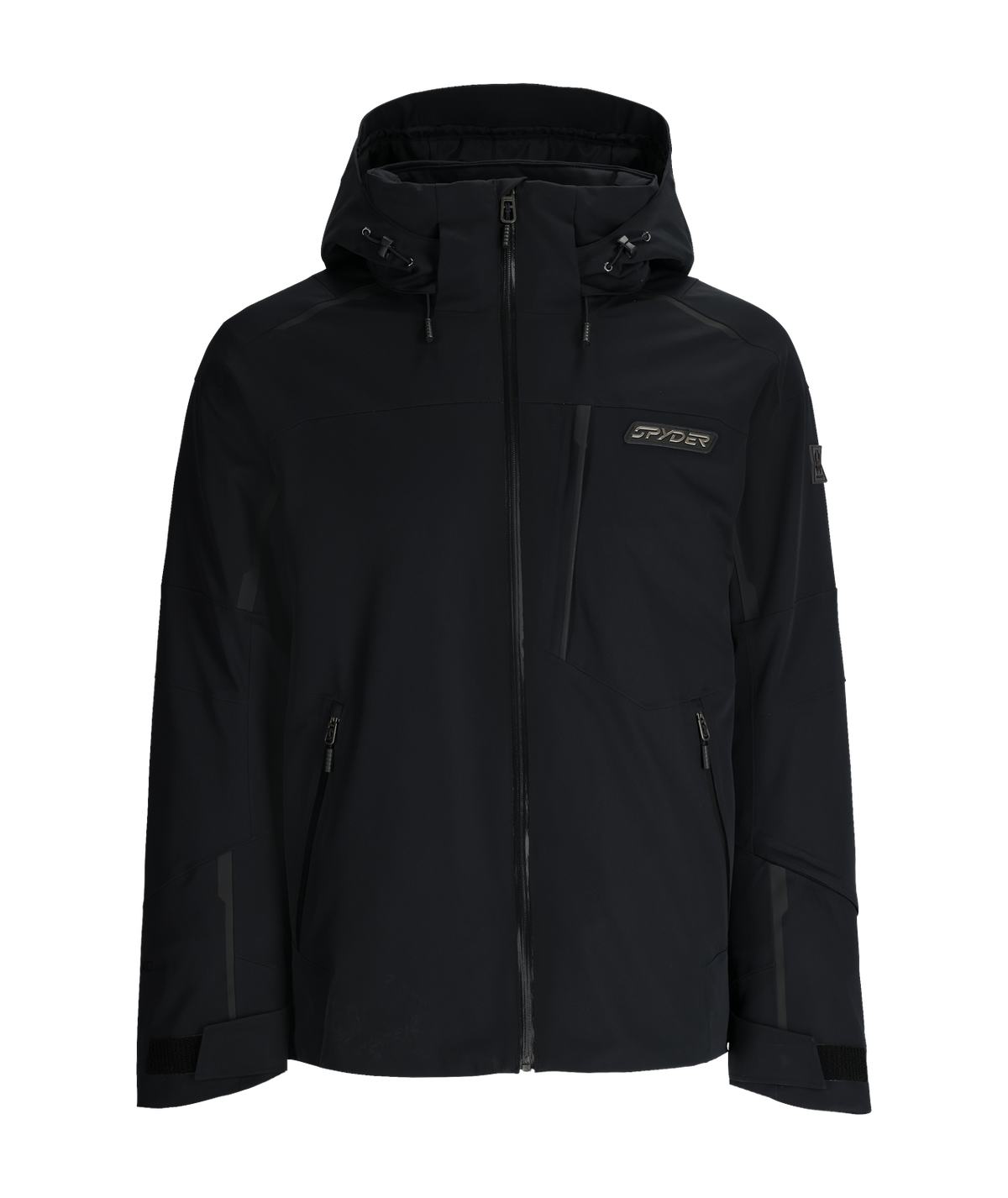 Black jacket with a brand logo on a white background