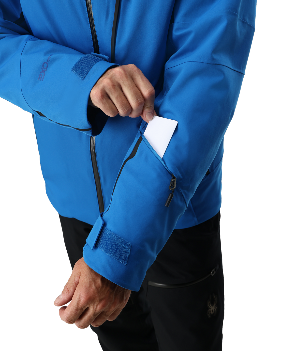 Blue jacket with a white label on a white background