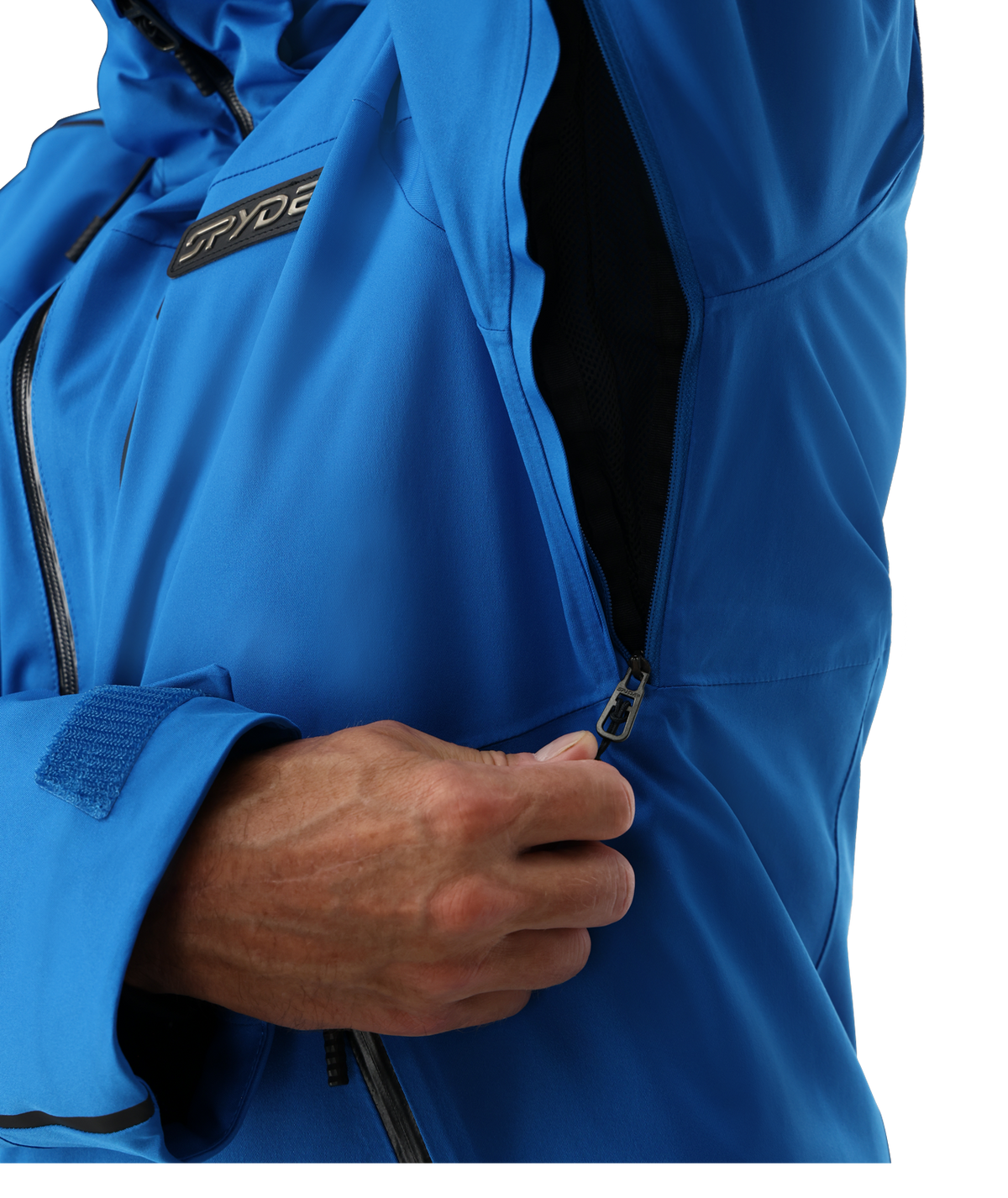 Close-up of a blue jacket with a brand logo on a white background