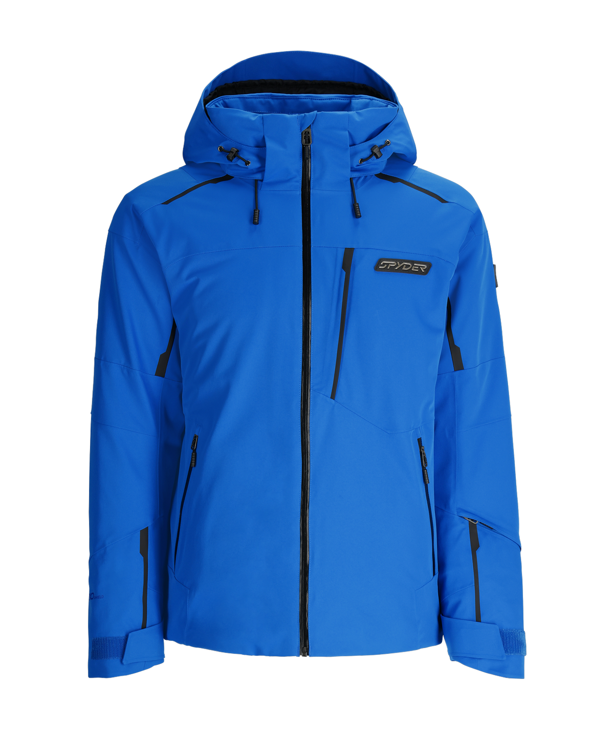 Blue jacket with black zippers and accents on a white background