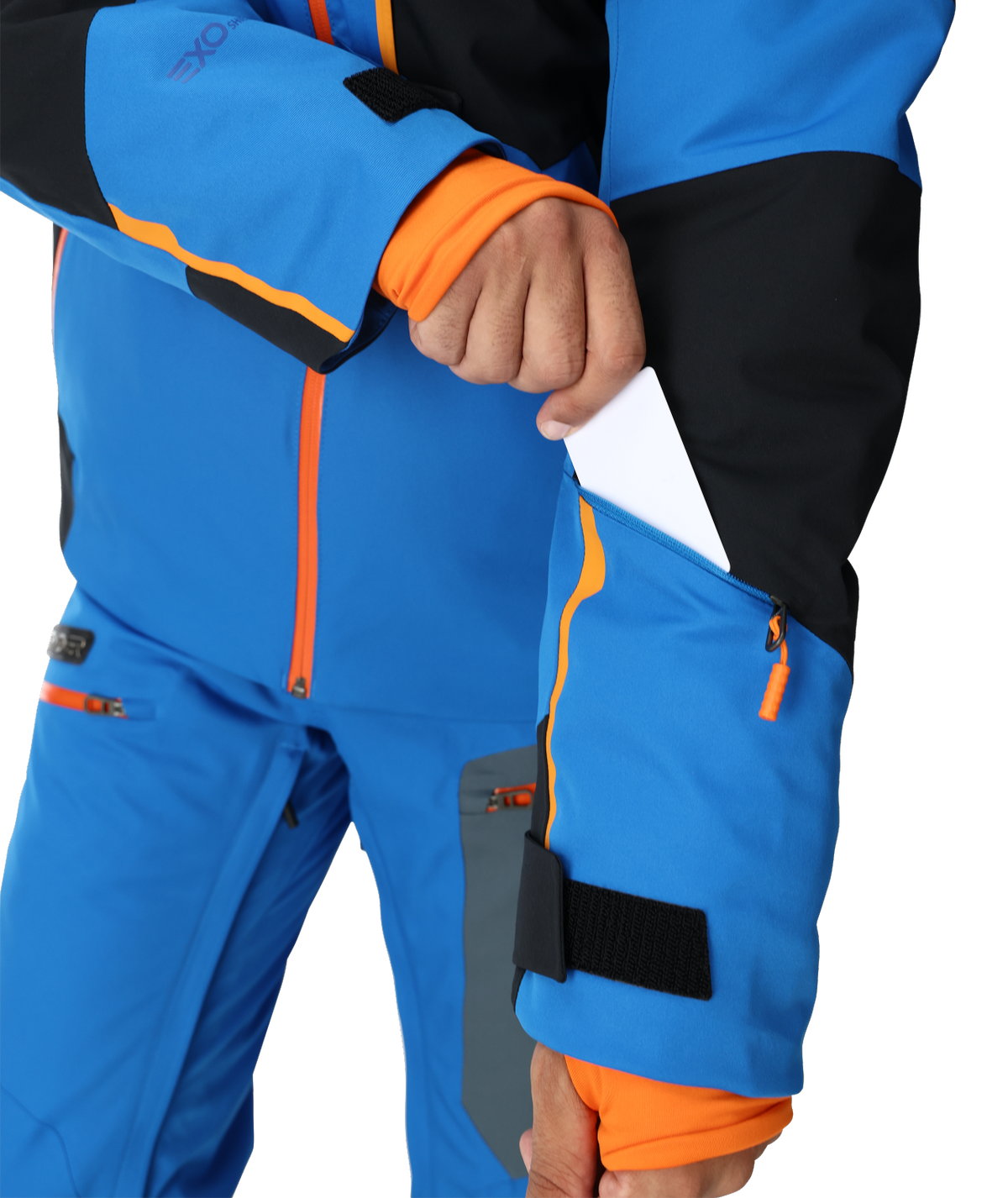 Blue and black winter jacket with orange accents on a white background