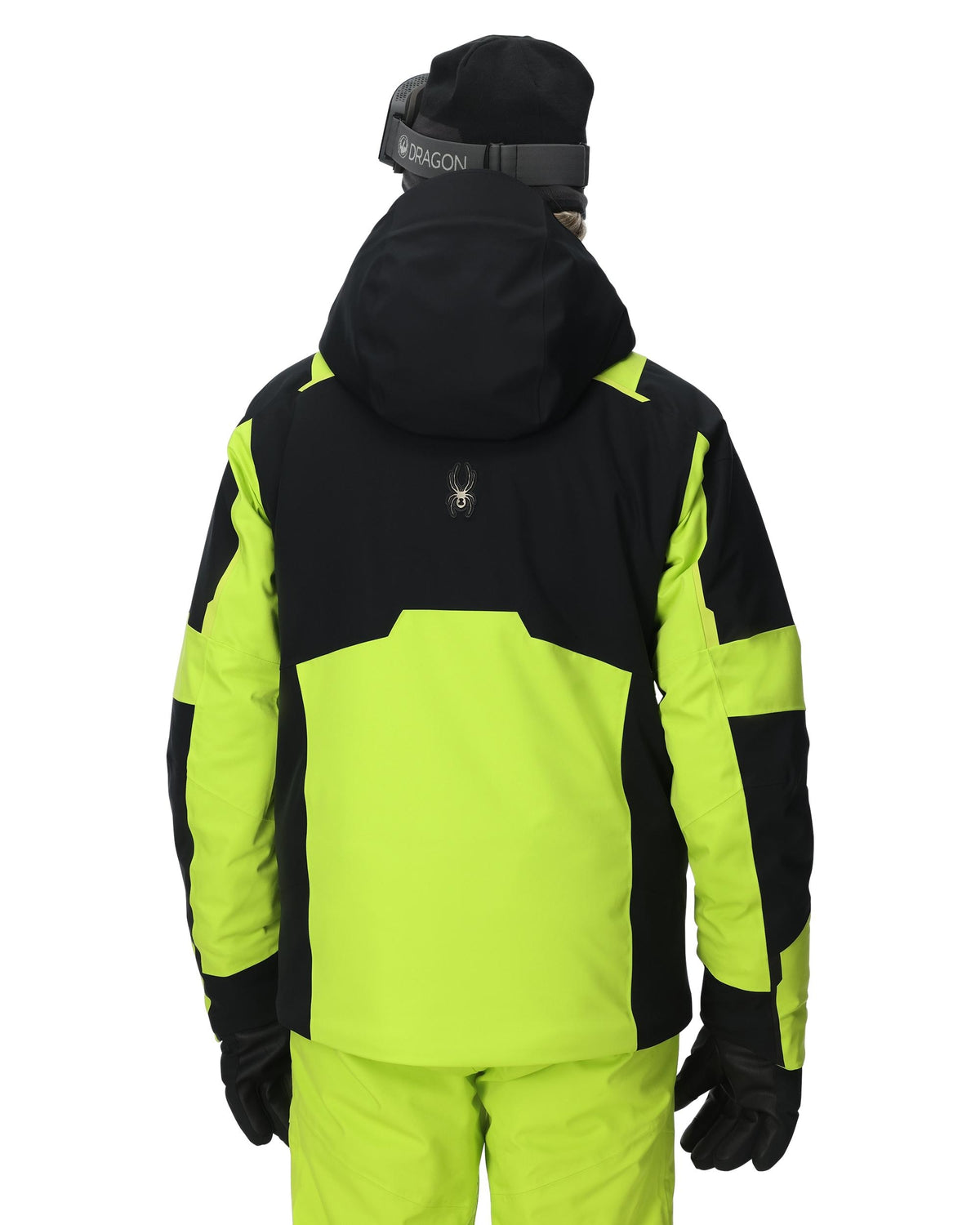 Black and neon yellow snow jacket with a hood on a white background