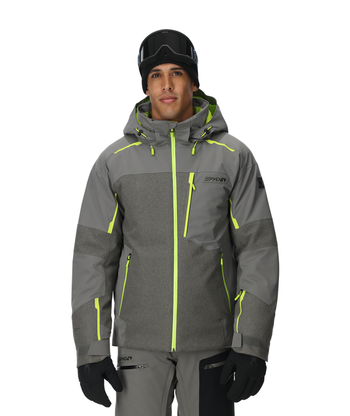 Person wearing a gray ski jacket with green accents on a white background