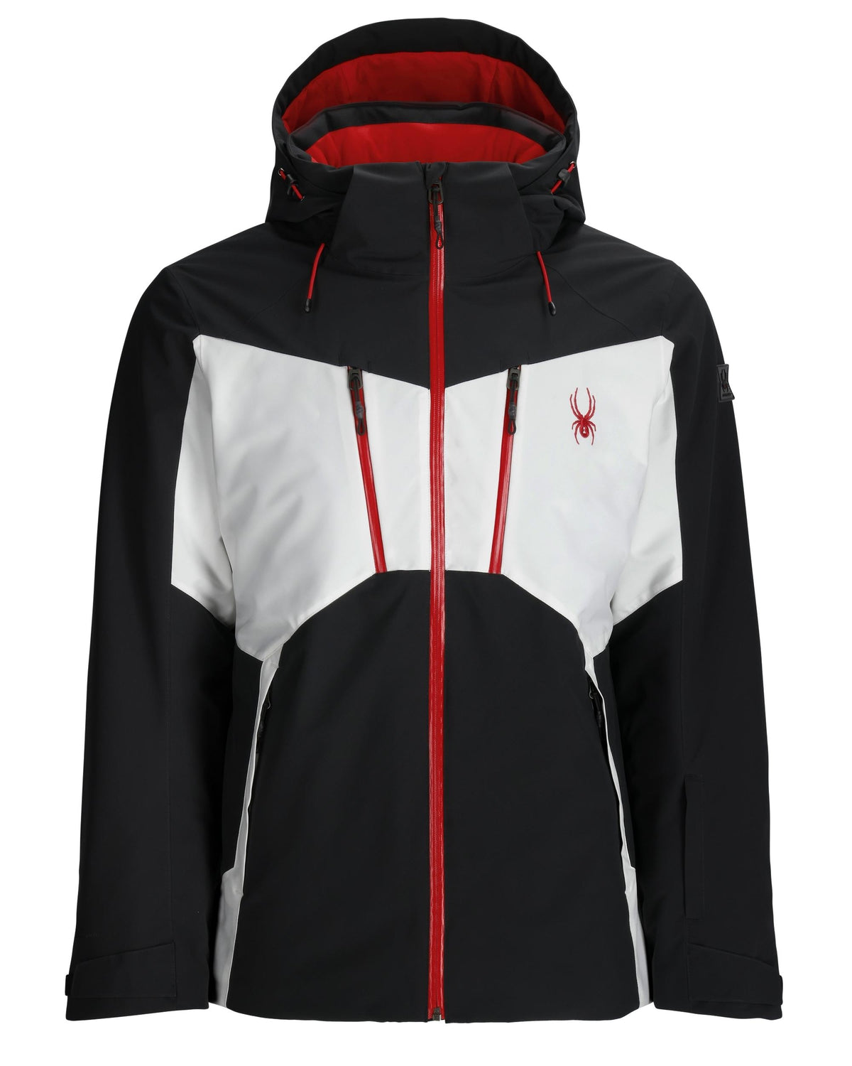 Black and white jacket with red accents and a spider logo on a white background