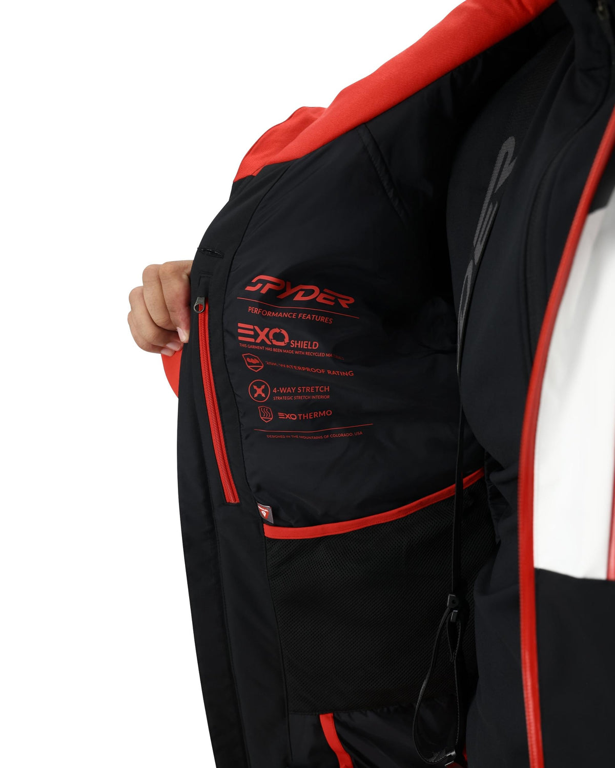 Black and red jacket with visible branding on a white background