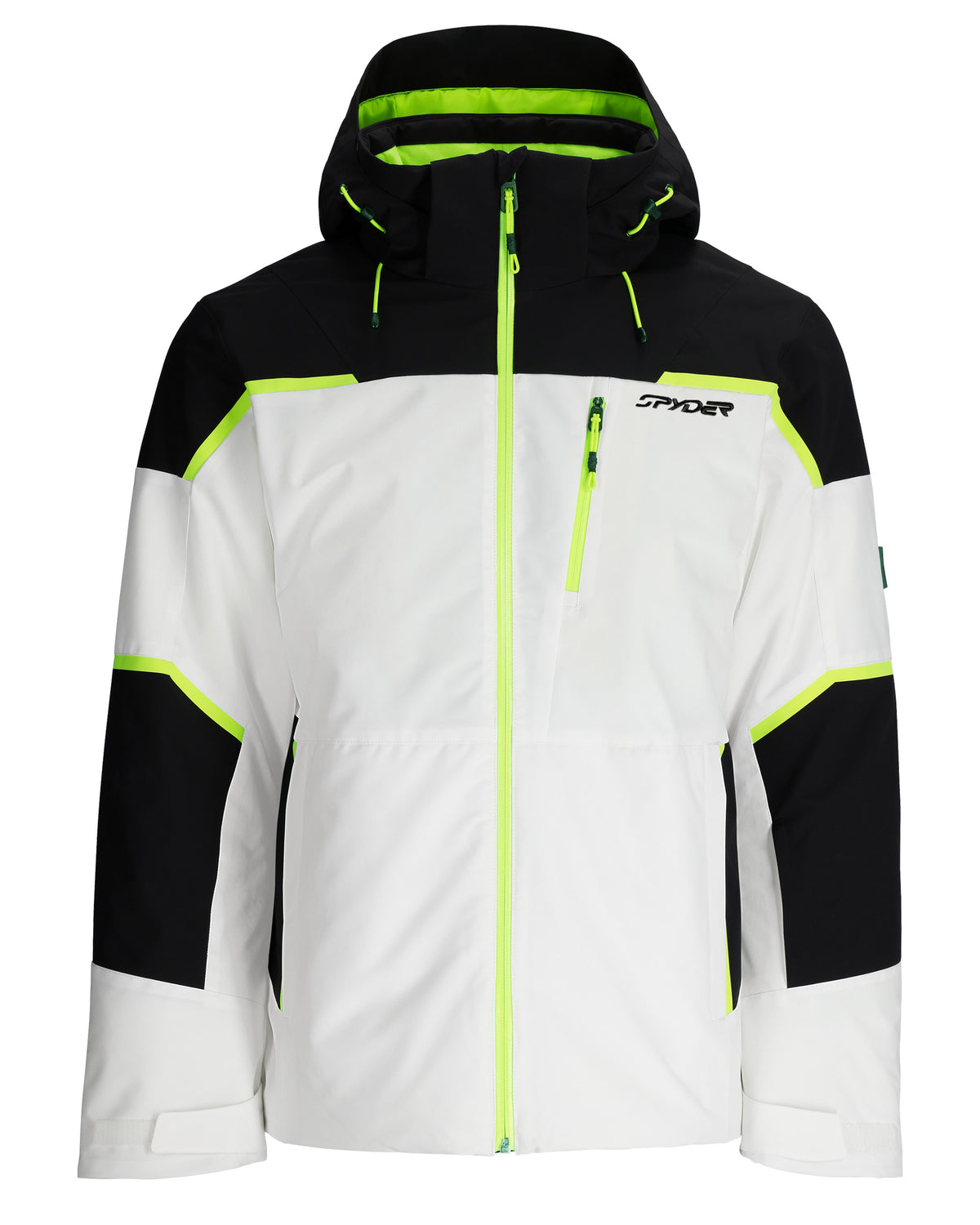 Black, white, and green ski jacket with Spyder branding on a white background