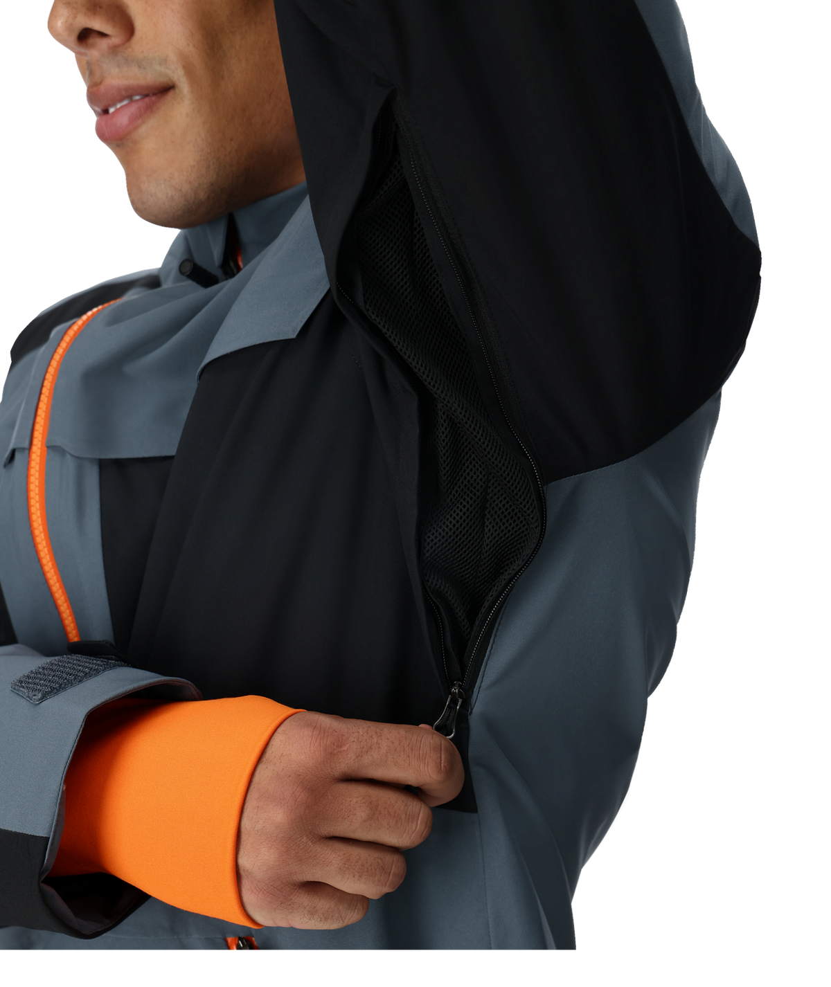 Person wearing a dark gray and orange jacket with a hood